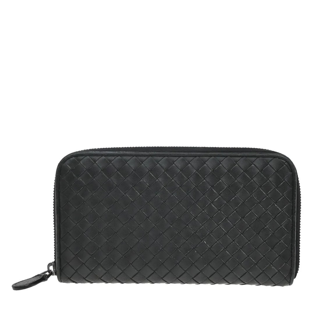 Black Leather Intrecciato Long Zip Wallet by Bottega Veneta: Black Leather Intrecciato Long Zip Wallet by Bottega Veneta This Bottega Veneta Intrecciato long zip wallet is crafted from black leather and features the brand's signature woven design. Designed for 