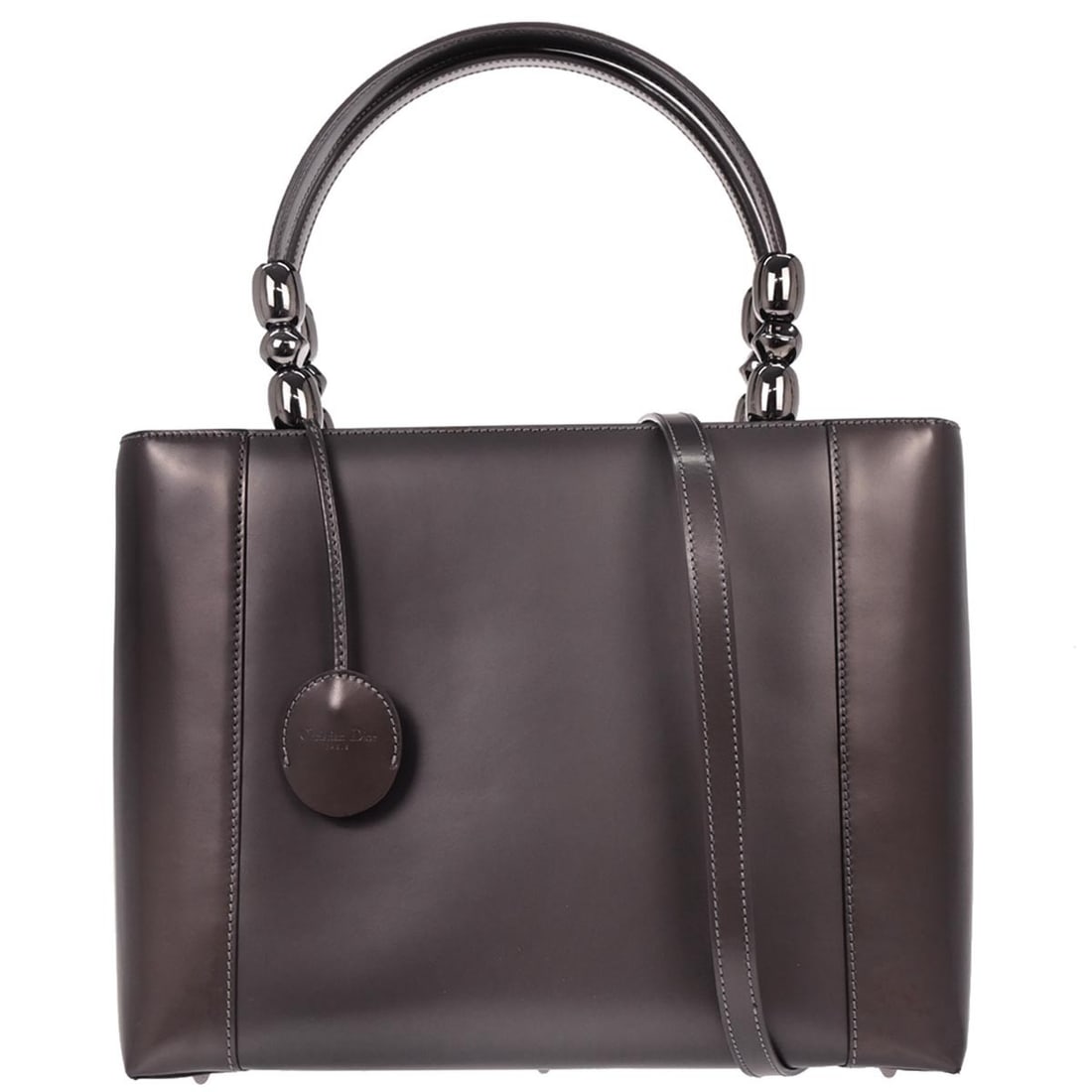 Dior Malice Gray Leather 2way Top Handle Bag: Dior Malice Gray Leather 2way Top Handle Bag Christian Dior Malice 2way handbag in gray leather with a zip closure and structured top handle design. This medium bag features double handles and include
