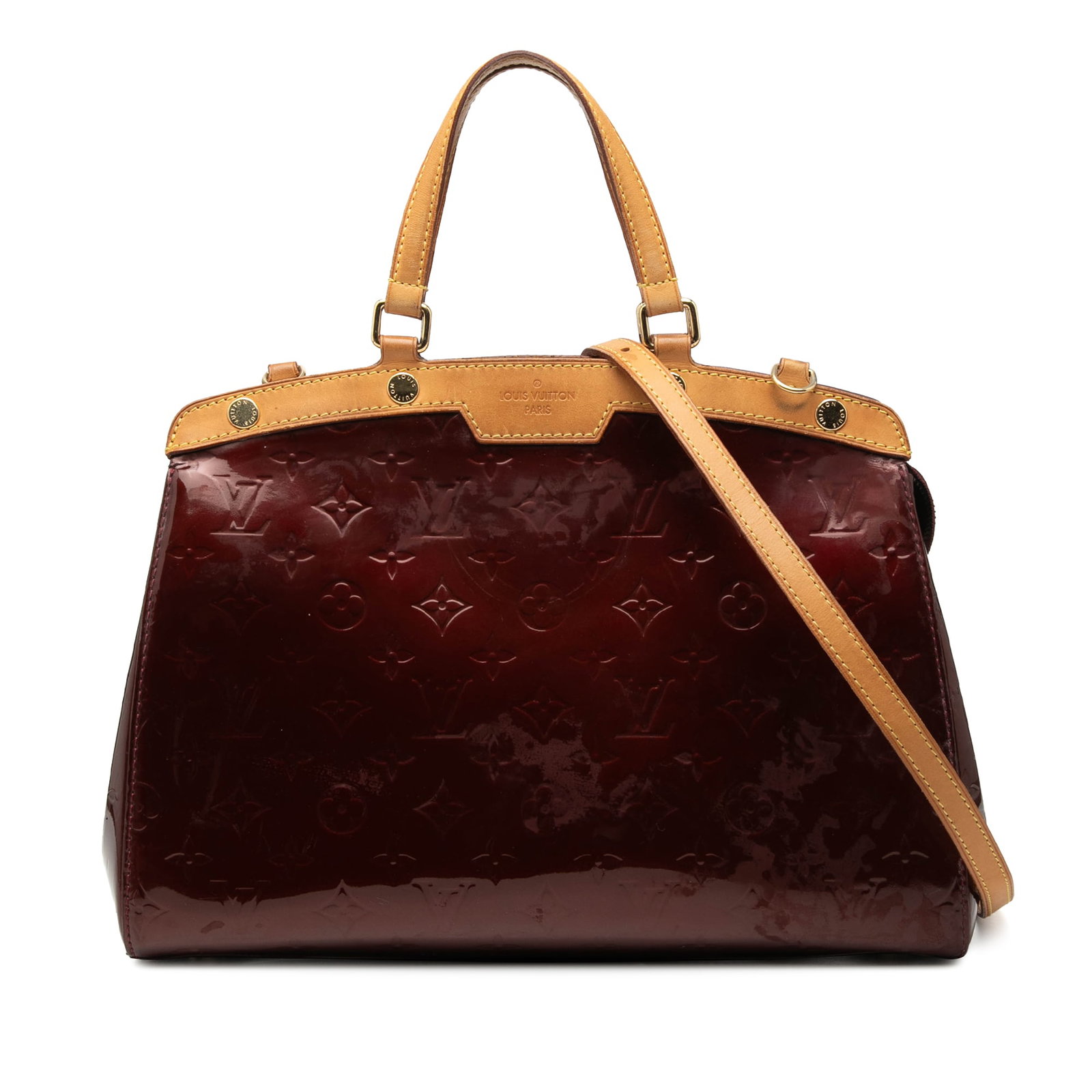 Red Vernis Leather Brea MM Bag with Detachable Strap by Louis Vuitton: Red Vernis Leather Brea MM Bag with Detachable Strap by Louis Vuitton This Louis Vuitton Monogram Vernis Brea MM features a vernis leather body with flat vachetta leather handles, a detachable leather