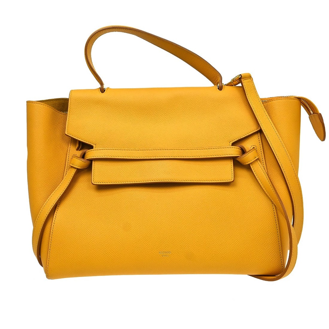 CELINE Belt Bag Yellow Leather 2way Top Handle Satchel: CELINE Belt Bag Yellow Leather 2way Top Handle Satchel Celine Belt Bag in yellow leather with a top handle and zip closure. This medium 2-way handbag includes a shoulder strap and features one exterio