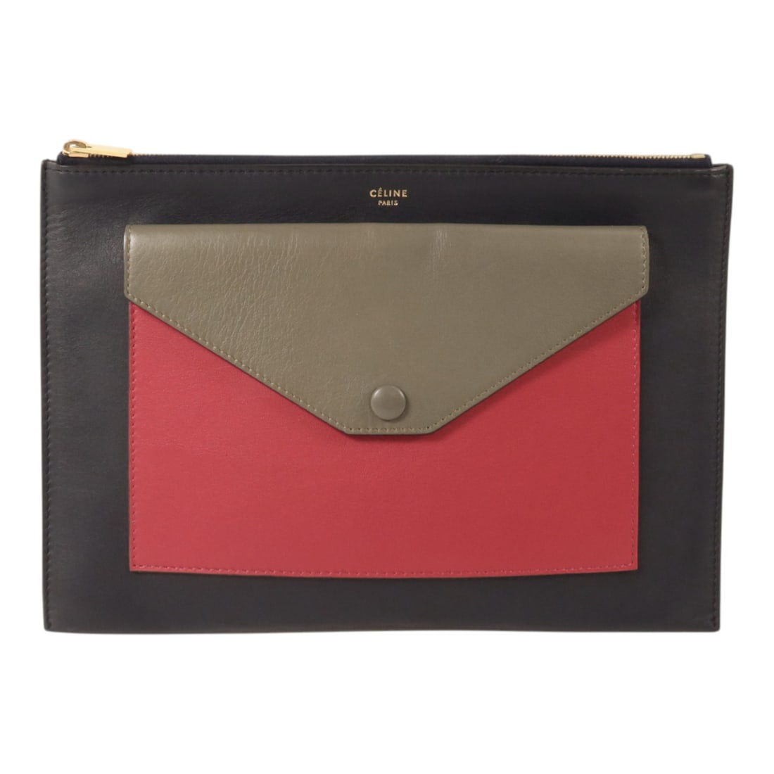 CELINE calfskin clutch pouch blue red grey GHW: CELINE calfskin clutch pouch blue red grey GHW This CELINE clutch bag features a sleek design crafted from high-quality calfskin leather in a striking combination of blue, red, and grey tones. Designe