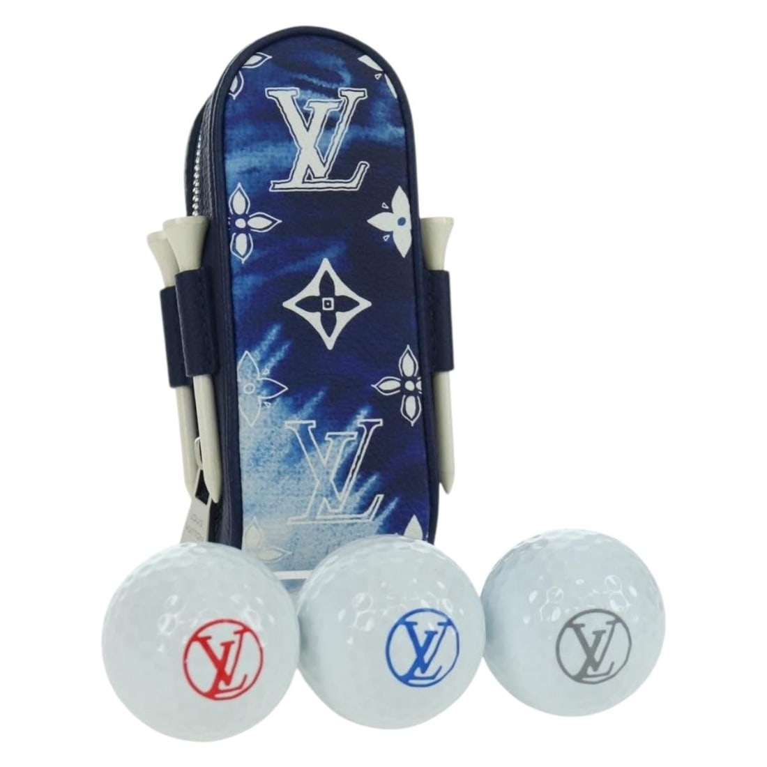 Louis Vuitton GI0768 Andrews Blue Monogram Canvas Golf Ball Case: Louis Vuitton GI0768 Andrews Blue Monogram Canvas Golf Ball Case Louis Vuitton GI0768 golf ball case in Monogram canvas with a blue bandana-style design. Made in France, this compact case includes the