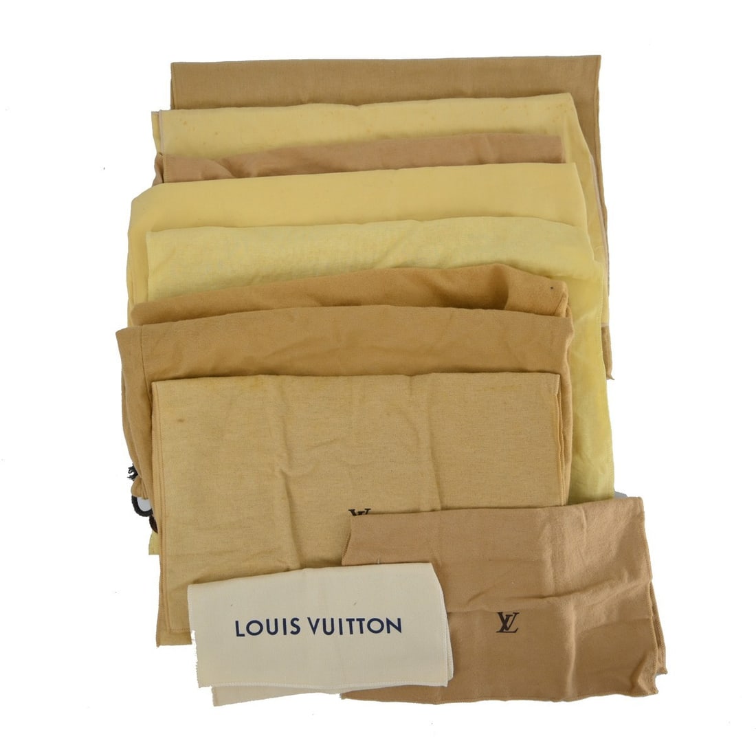 Set of 10 Louis Vuitton Cotton Dustbags in Brown Beige: Set of 10 Louis Vuitton Cotton Dustbags in Brown Beige Set of 10 Louis Vuitton dust bags in brown and beige 100% cotton. Designed for unisex use, these dust bags show overall signs of use with reasona