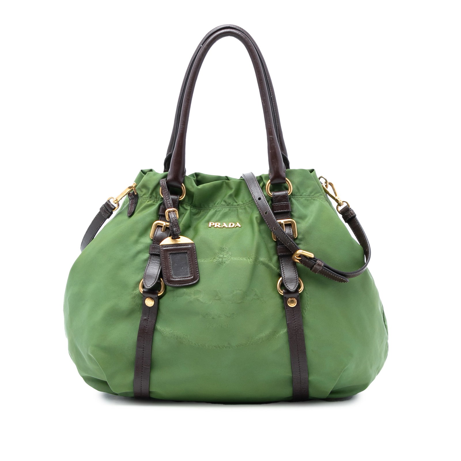 Green Tessuto Canapa Satchel Bag with Leather Trim by Prada: Green Tessuto Canapa Satchel Bag with Leather Trim by Prada This Prada Tessuto Canapa Logo Satchel features a green nylon body with leather trim, rolled leather handles, and a detachable flat leather 