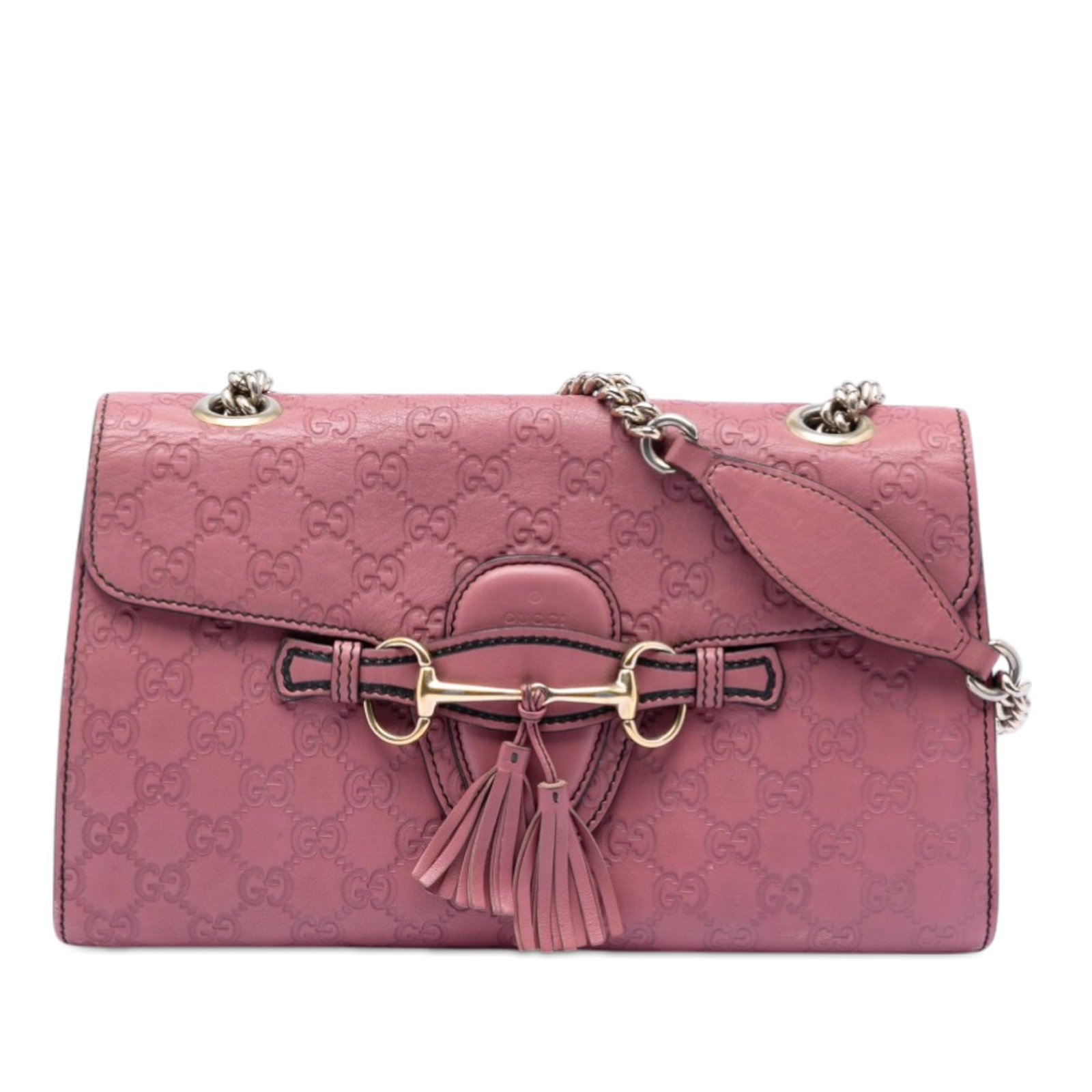 Gucci Emily Shoulder Bag in Pink Guccissima Embossed Leather Medium: Gucci Emily Shoulder Bag in Pink Guccissima Embossed Leather Medium This Gucci Medium Guccissima Emily Shoulder Bag features an embossed leather body in pink, a chain link shoulder strap with a leathe
