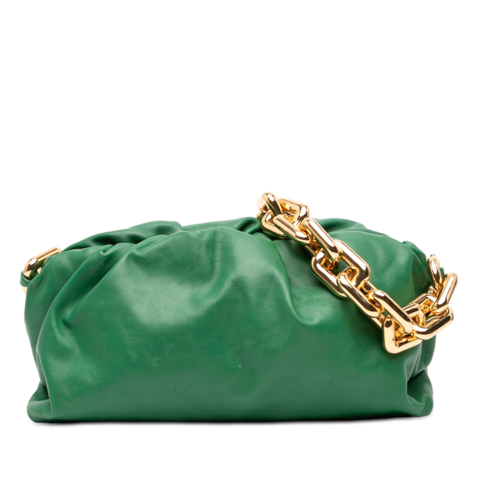 Green Leather Pouch with Gold Chain Strap by Bottega Veneta: Green Leather Pouch with Gold Chain Strap by Bottega Veneta This Bottega Veneta Lambskin Chain Pouch features a green leather body with a gold-tone chain link strap and a top magnetic frame closure. T