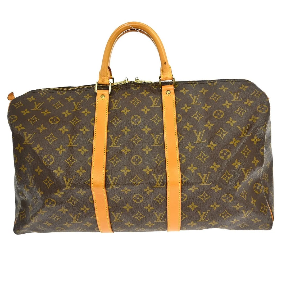 Louis Vuitton Keepall Travel Bag in Brown Monogram Canvas: Louis Vuitton Keepall Travel Bag in Brown Monogram Canvas Louis Vuitton Keepall in brown monogram canvas. This unisex bag is in good overall condition, with scuffs and scratches on the exterior leathe