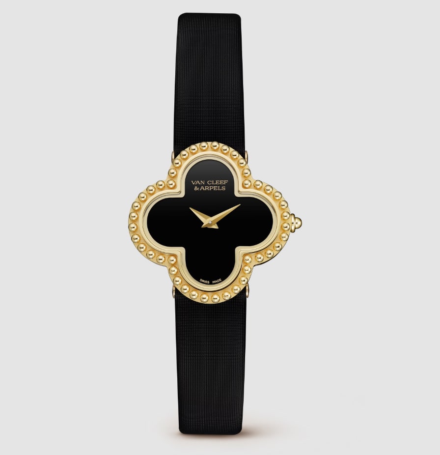 Van Cleef VCARD21900 Alhambra Ladies Watch Onyx Dial Satin Strap Papers: Van Cleef VCARD21900 Alhambra Ladies Watch Onyx Dial Satin Strap Papers Van Cleef Alhambra ladies watch with an onyx dial and satin bracelet. This piece is identified by reference VCARD21900 and inclu
