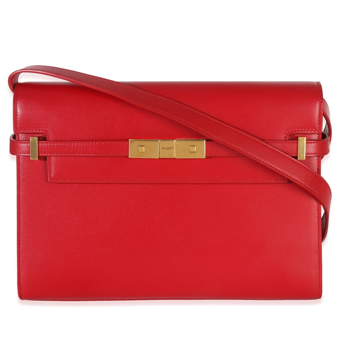 Saint Laurent Red Calfskin Shoulder Bag with Removable Straps: Saint Laurent Red Calfskin Shoulder Bag with Removable Straps This Saint Laurent Medium Manhattan Shoulder Bag is crafted from red calfskin leather and features a gold-tone magnetic snap closure. The 