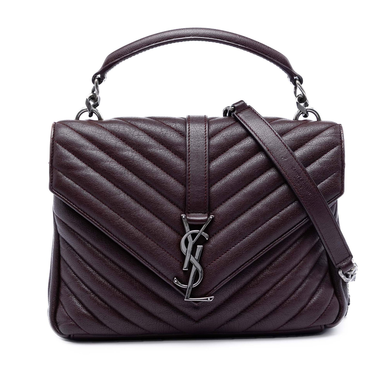 Saint Laurent College Satchel Red Leather Medium Chevron: Saint Laurent College Satchel Red Leather Medium Chevron This Saint Laurent Medium Chevron Sheepskin Monogram College Satchel features a quilted leather exterior in red, complemented by a rolled leath