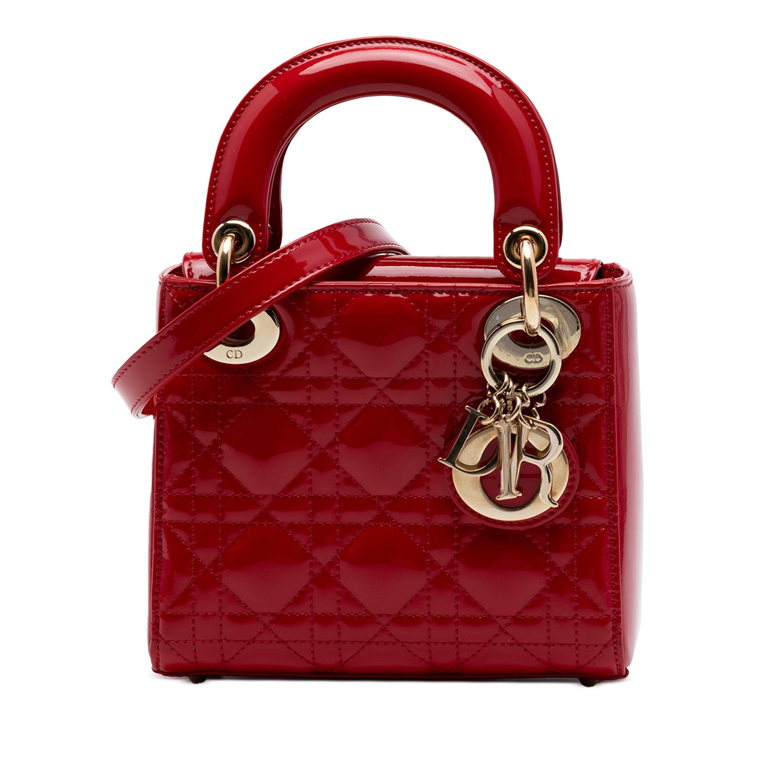 Dior Lady Dior Mini Cannage Patent Leather Bag Red: Dior Lady Dior Mini Cannage Patent Leather Bag Red This Lady Dior mini bag is crafted in red patent leather with the signature Cannage quilted design. It features flat top handles, a detachable and ad