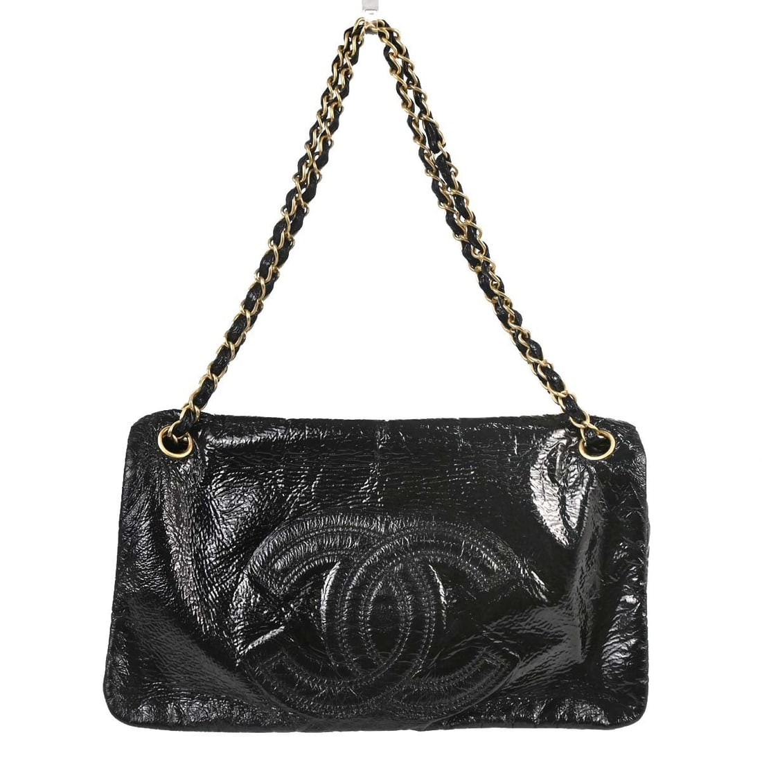 CHANEL Classic Flap Medium Shoulder Bag Black Vinyl Patent Leather: CHANEL Classic Flap Medium Shoulder Bag Black Vinyl Patent Leather Chanel black double chain shoulder bag crafted in vinyl and patent leather with a magnetic closure, logo accents, and black shoulder 