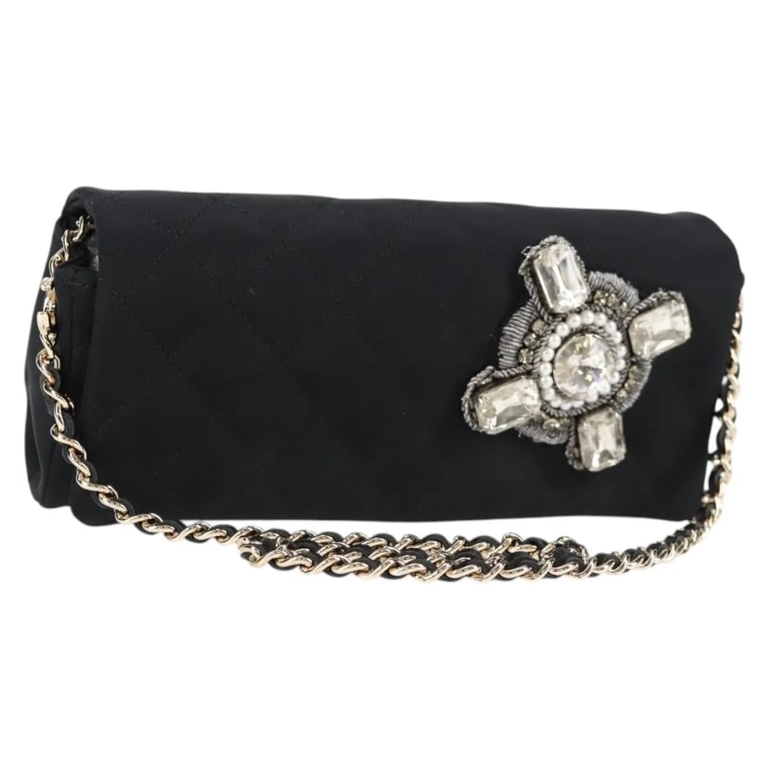 Chanel Chain Flap Shoulder Bag Black Quilted Nylon: Chanel Chain Flap Shoulder Bag Black Quilted Nylon This Chanel Chain Flap Shoulder Bag is crafted from black quilted nylon and designed for women. The bag features a chain shoulder strap and classic f