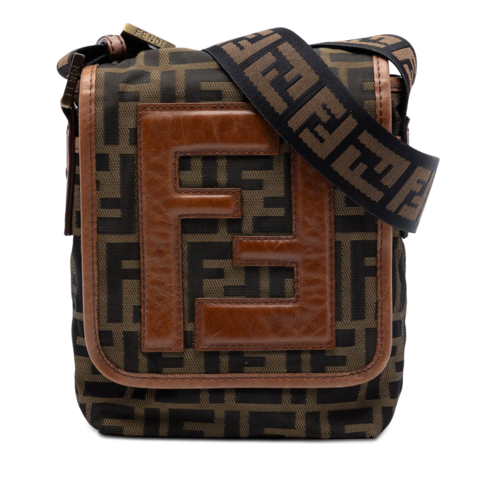 Fendi Mini FF Zucca canvas crossbody bag: Fendi Mini FF Zucca canvas crossbody bag This Fendi Mini FF Zucca Canvas Crossbody bag features a brown canvas body with leather trim, a flat shoulder strap, a front flap with magnetic snap closure, a