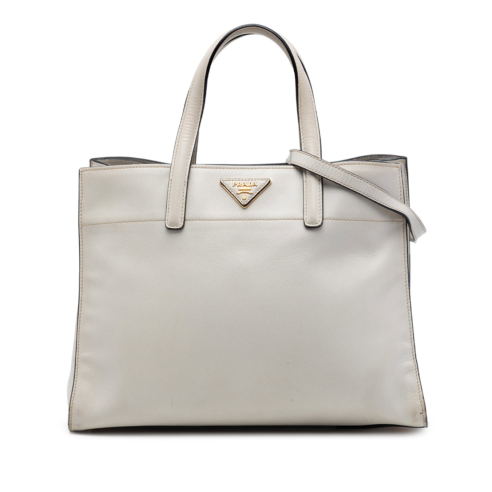 Prada Saffiano Soft Triple Pocket Leather Satchel White: Prada Saffiano Soft Triple Pocket Leather Satchel White Prada Saffiano Soft Triple Pocket Tote in white leather with flat leather handles, a detachable flat strap, open compartments with magnetic snap
