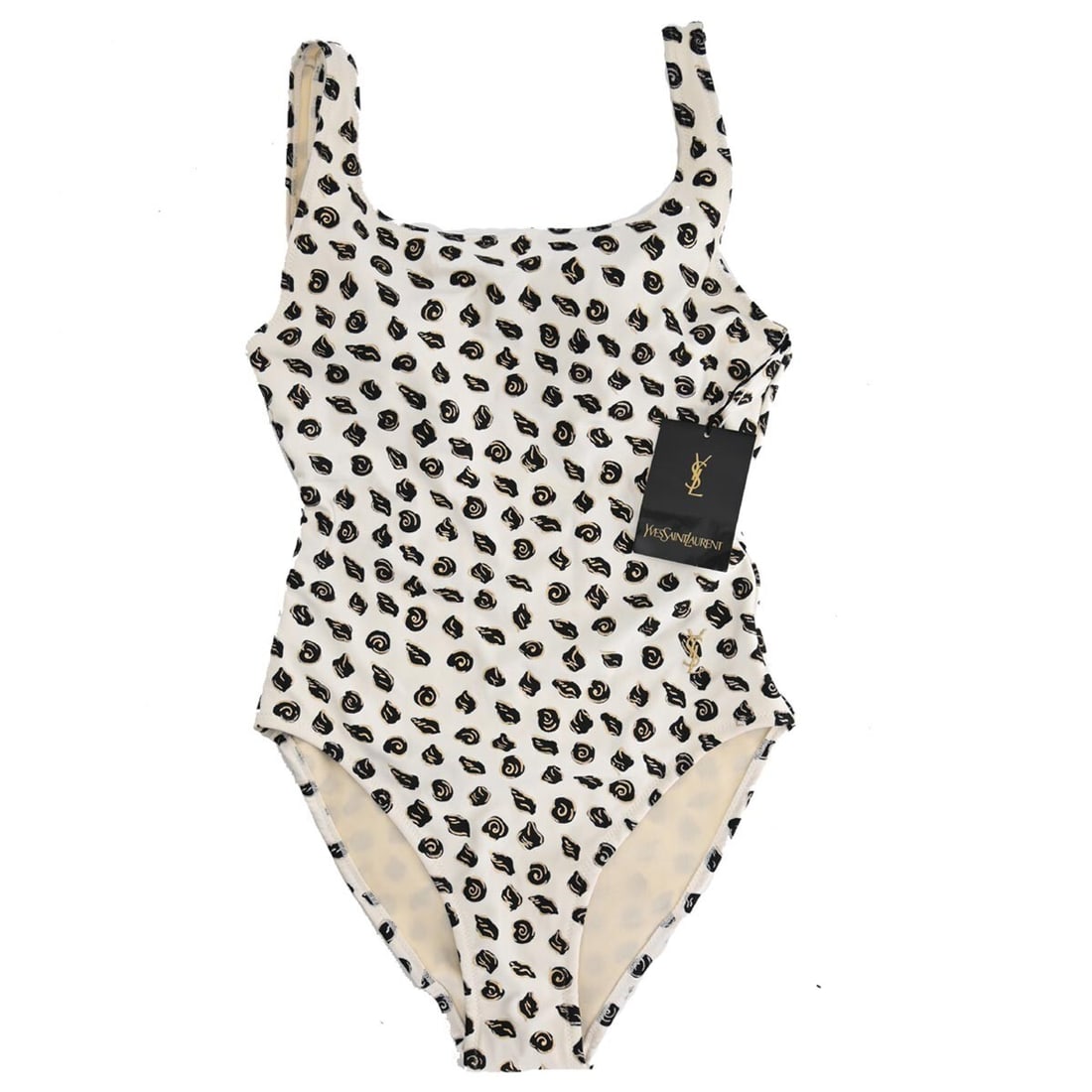 Yves Saint Laurent Ivory Swim Dress One Piece #9M GP4101: Yves Saint Laurent Ivory Swim Dress One Piece #9M GP4101 Yves Saint Laurent sleeveless swimwear swimsuit in ivory with logo accents. Made in Japan, this women's regular-size piece is crafted from a po