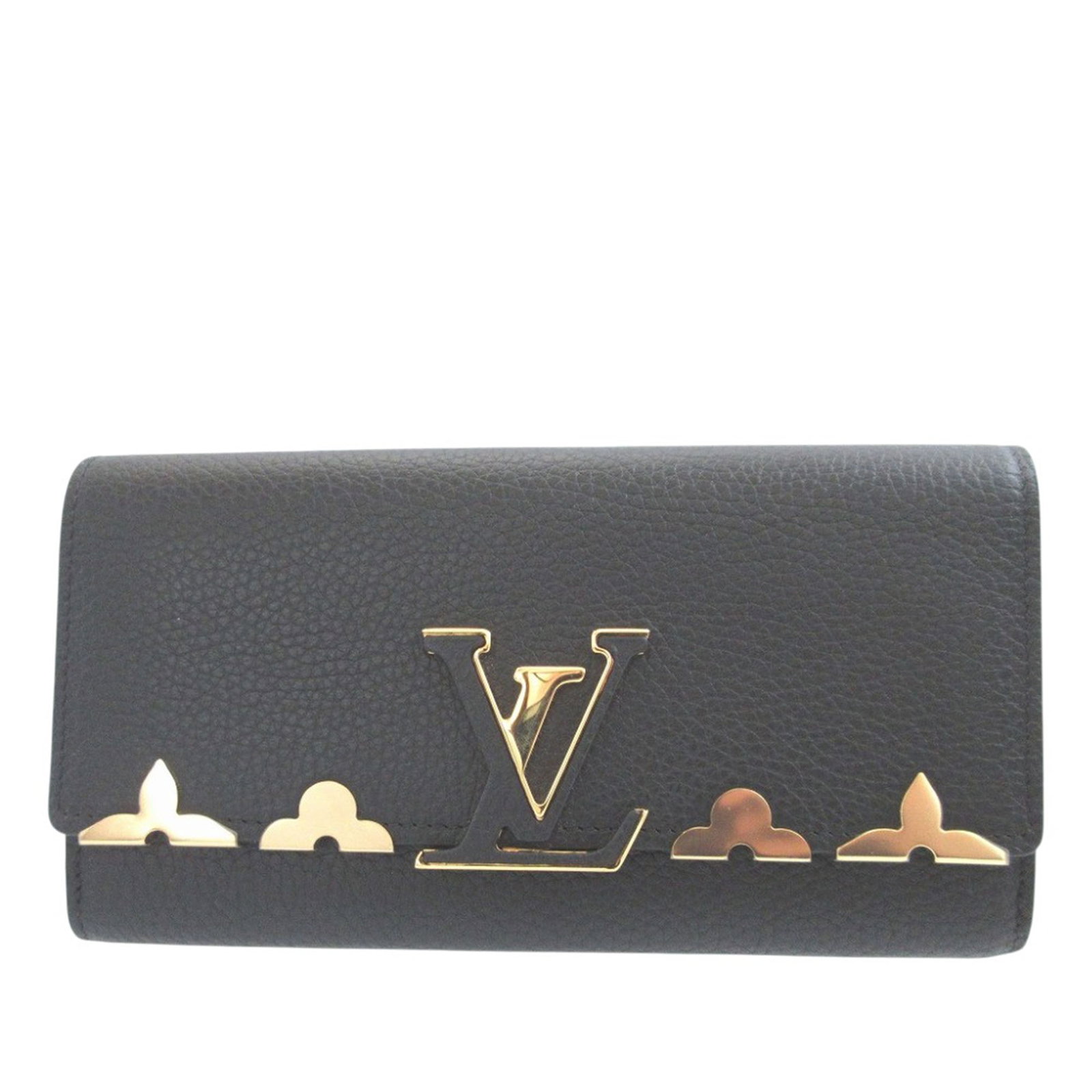Louis Vuitton Taurillon Capucines leather long wallet with flower: Louis Vuitton Taurillon Capucines leather long wallet with flower This Louis Vuitton Taurillon Capucines Flower long wallet is crafted in leather and features a front flap with snap button closure, an