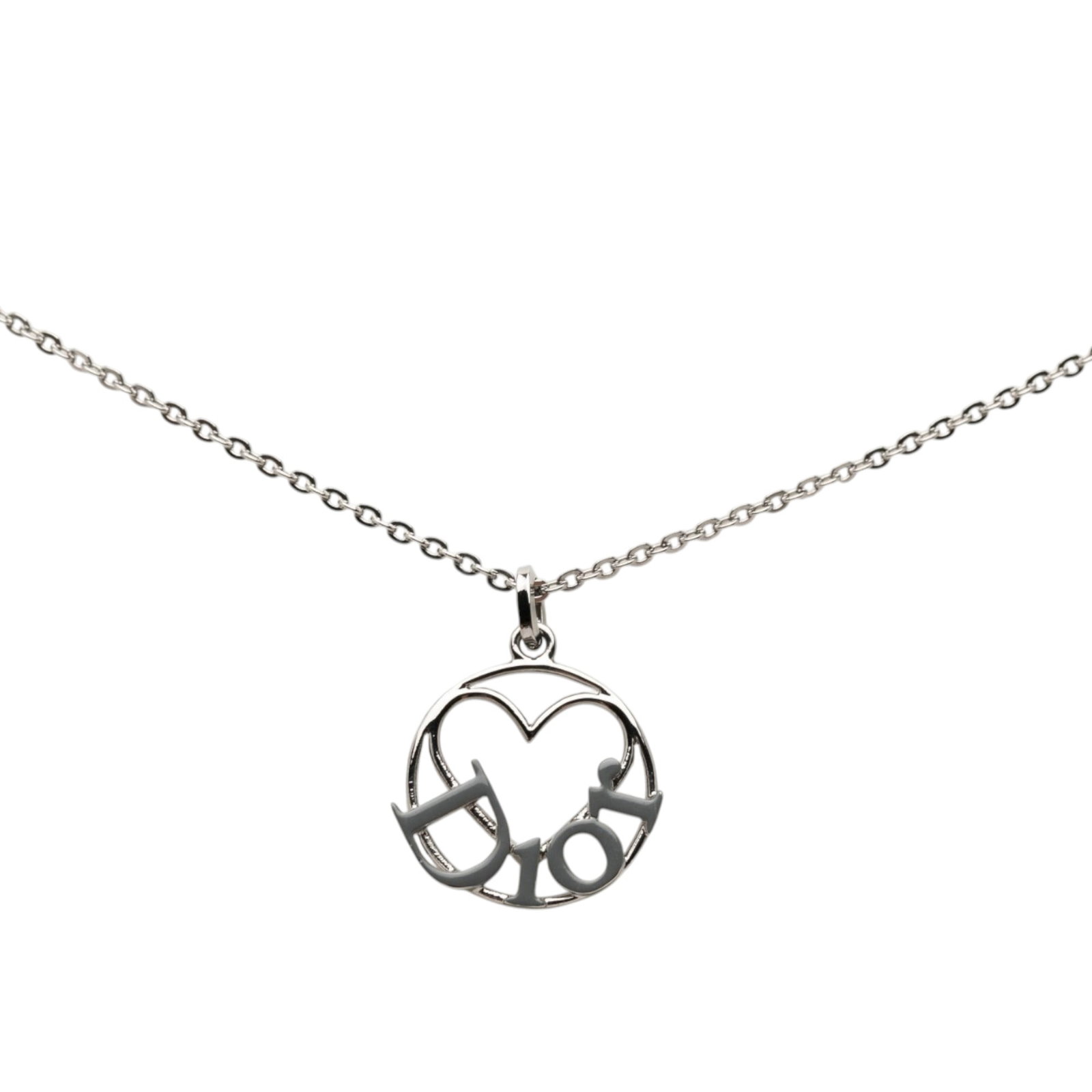 Dior Heart Logo Pendant Necklace Silver Tone Metal: Dior Heart Logo Pendant Necklace Silver Tone Metal Dior heart logo pendant necklace in silver tone metal with a lobster clasp closure. This costume jewelry piece includes the original dust bag and box