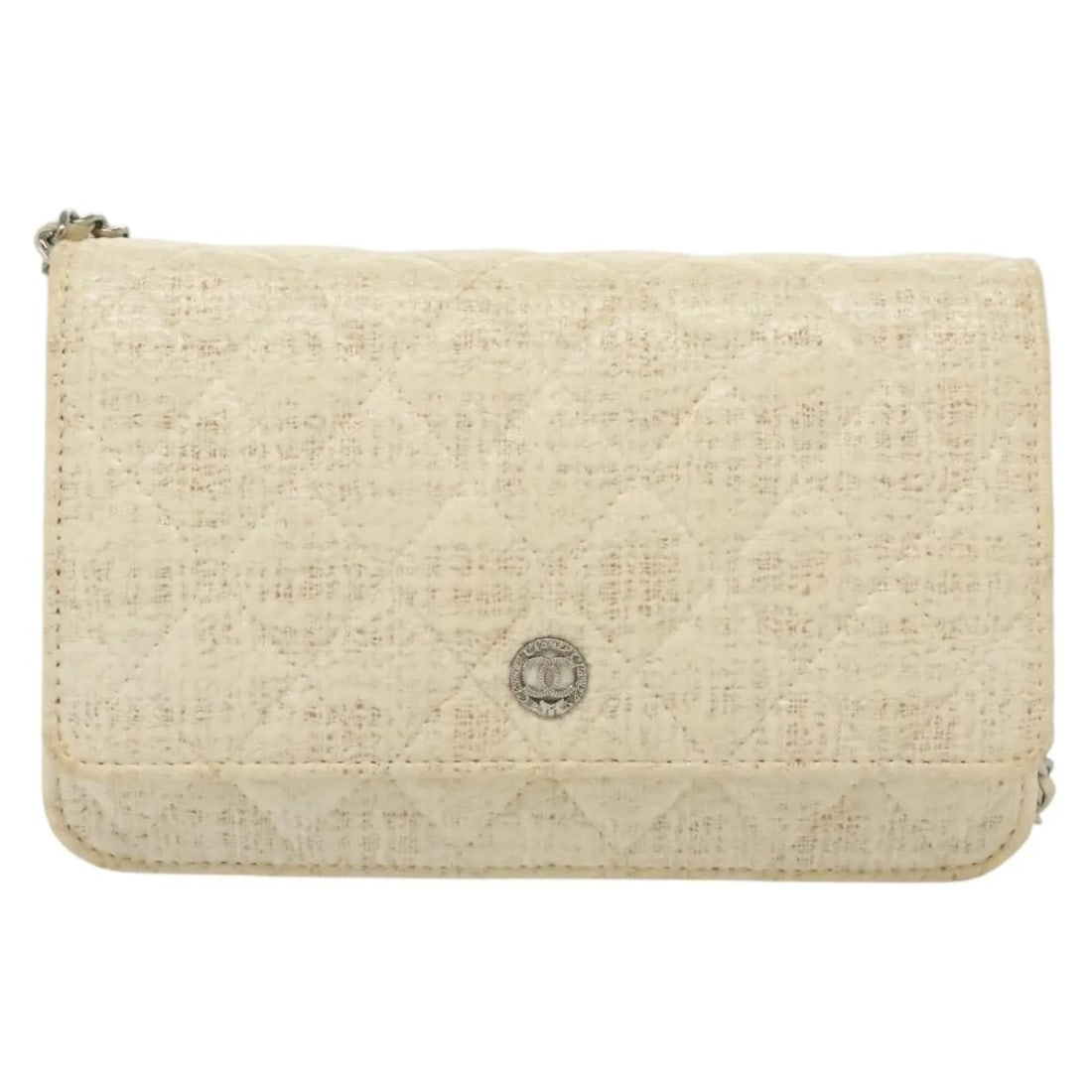 Chanel Tweed Female Wallet on Chain 19cm x 11cm x 4cm White: Chanel Tweed Female Wallet on Chain 19cm x 11cm x 4cm White This Chanel Wallet on Chain for women features a white tweed exterior with a shoulder strap and metal fittings. The item shows signs of wear