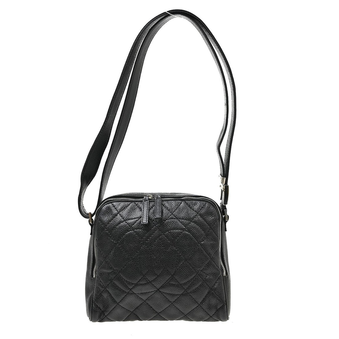 CHANEL medium black caviar leather shoulder bag France: CHANEL medium black caviar leather shoulder bag France Chanel black calfskin shoulder bag with a structured medium-size silhouette and adjustable shoulder strap. The bag features a black leather exter