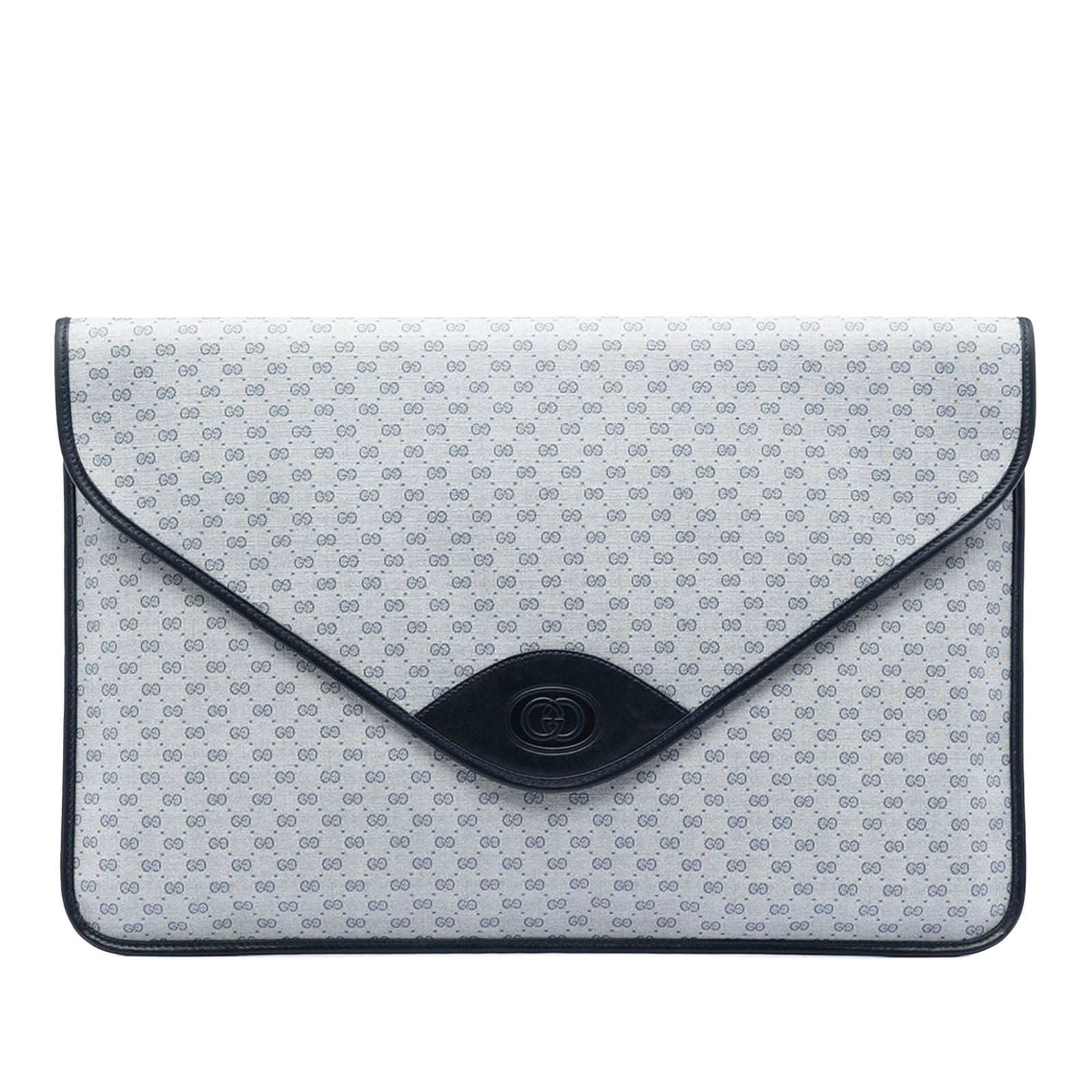 Gray Gucci Micro GG Supreme Canvas Clutch with Leather Trim: Gray Gucci Micro GG Supreme Canvas Clutch with Leather Trim This Gucci Micro GG Supreme Clutch features a coated canvas body with leather trim, a front flap with magnetic snap closure, and an exterior