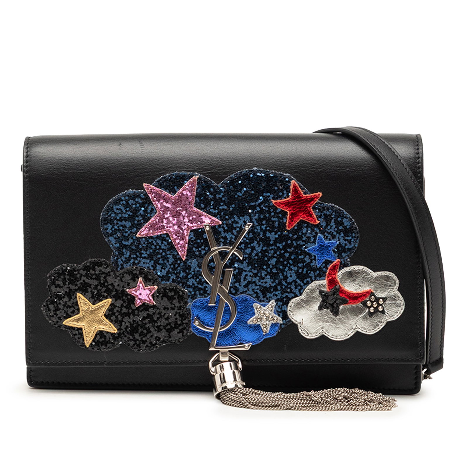 Saint Laurent Kate Wallet on Chain Black Leather Tassel: Saint Laurent Kate Wallet on Chain Black Leather Tassel This Saint Laurent Kate Wallet on Chain showcases a black leather body adorned with cloud and star appliques, and features the iconic monogram w