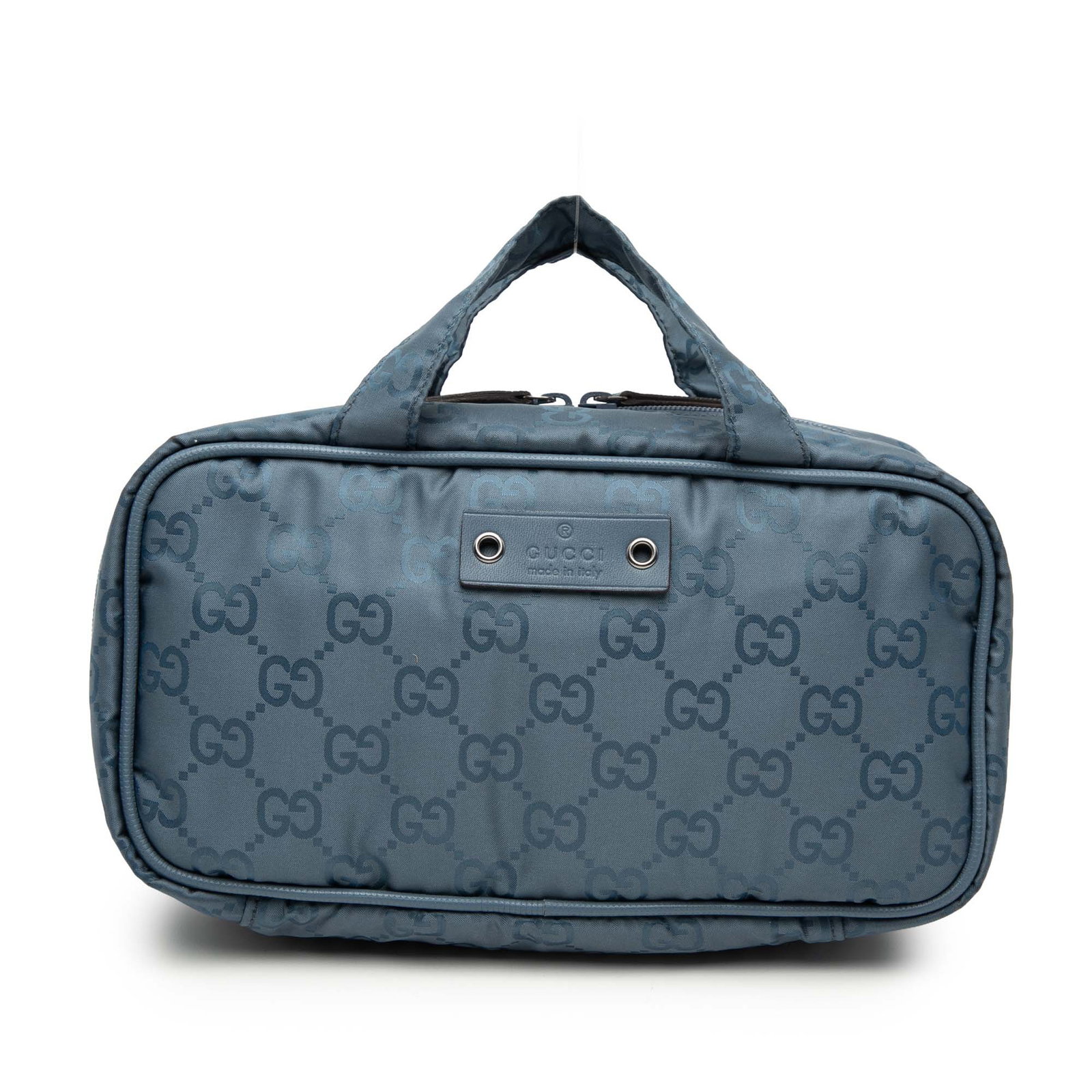 Gucci GG Blue Nylon Makeup Bag with Dual Zip Compartments: Gucci GG Blue Nylon Makeup Bag with Dual Zip Compartments This Gucci GG Nylon Make Up Handbag features a blue nylon exterior with top nylon handles. It is designed with dual compartments, each with a 