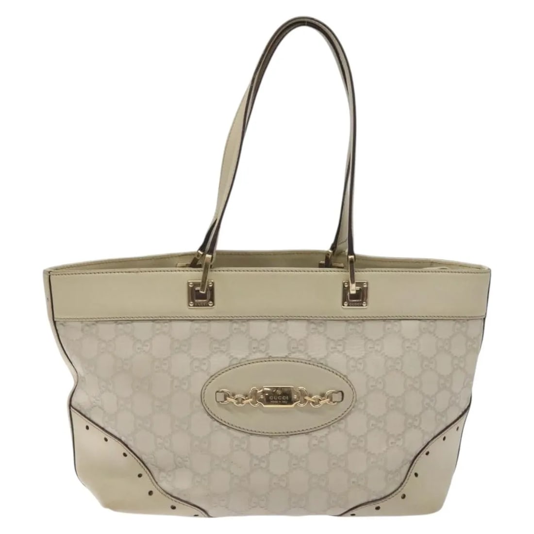 White Gucci Canvas Shoulder Bag 28x21x12cm for Women: White Gucci Canvas Shoulder Bag 28x21x12cm for Women This Gucci GG Canvas Bag for women features a white canvas exterior with visible signs of wear, including surface rubbing, stains, and shape loss. 