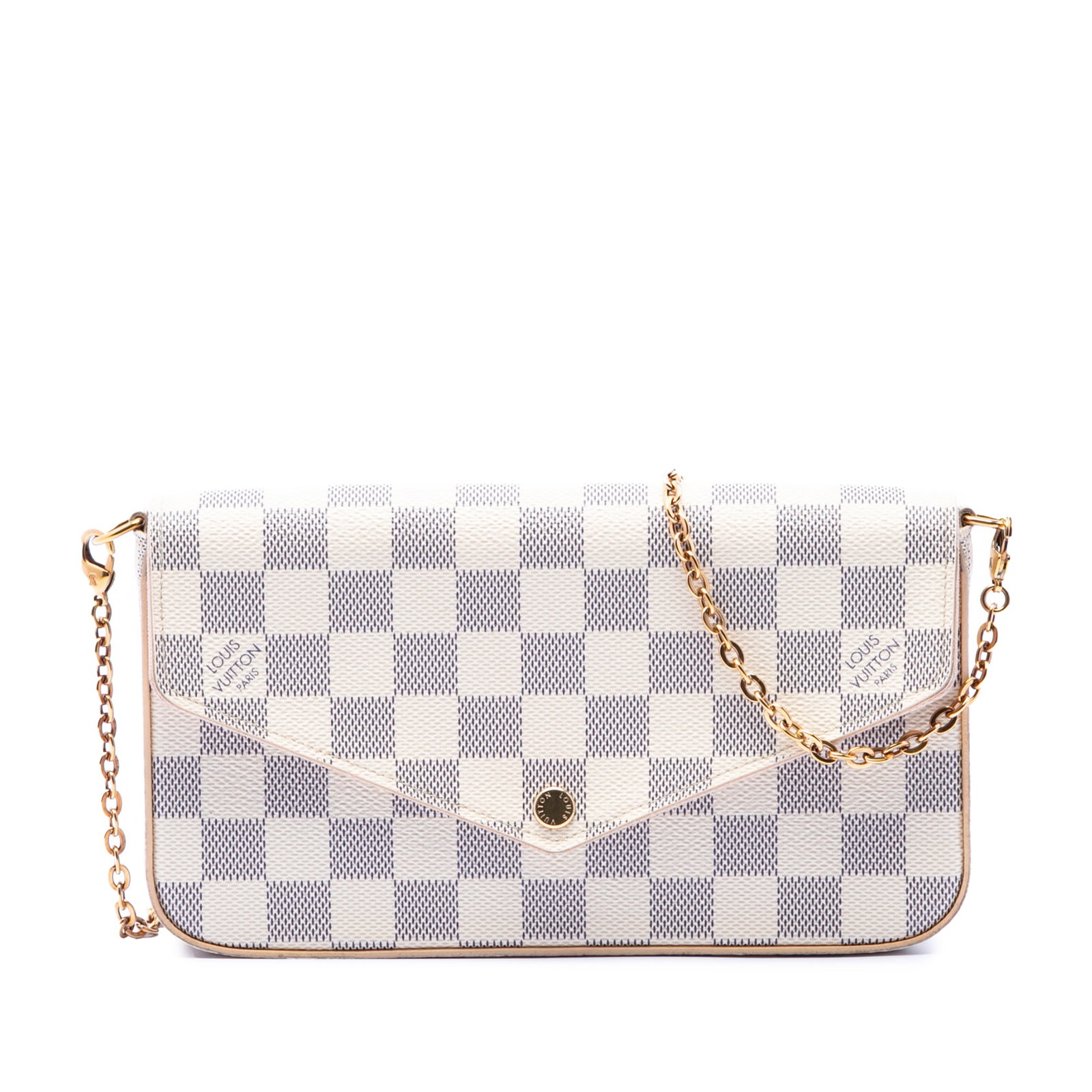 Louis Vuitton Pochette Felicie Damier Azur shoulder bag: Louis Vuitton Pochette Felicie Damier Azur shoulder bag This Louis Vuitton Pochette Felicie is crafted in Damier Azur canvas with a front flap and snap button closure. The design includes a detachable