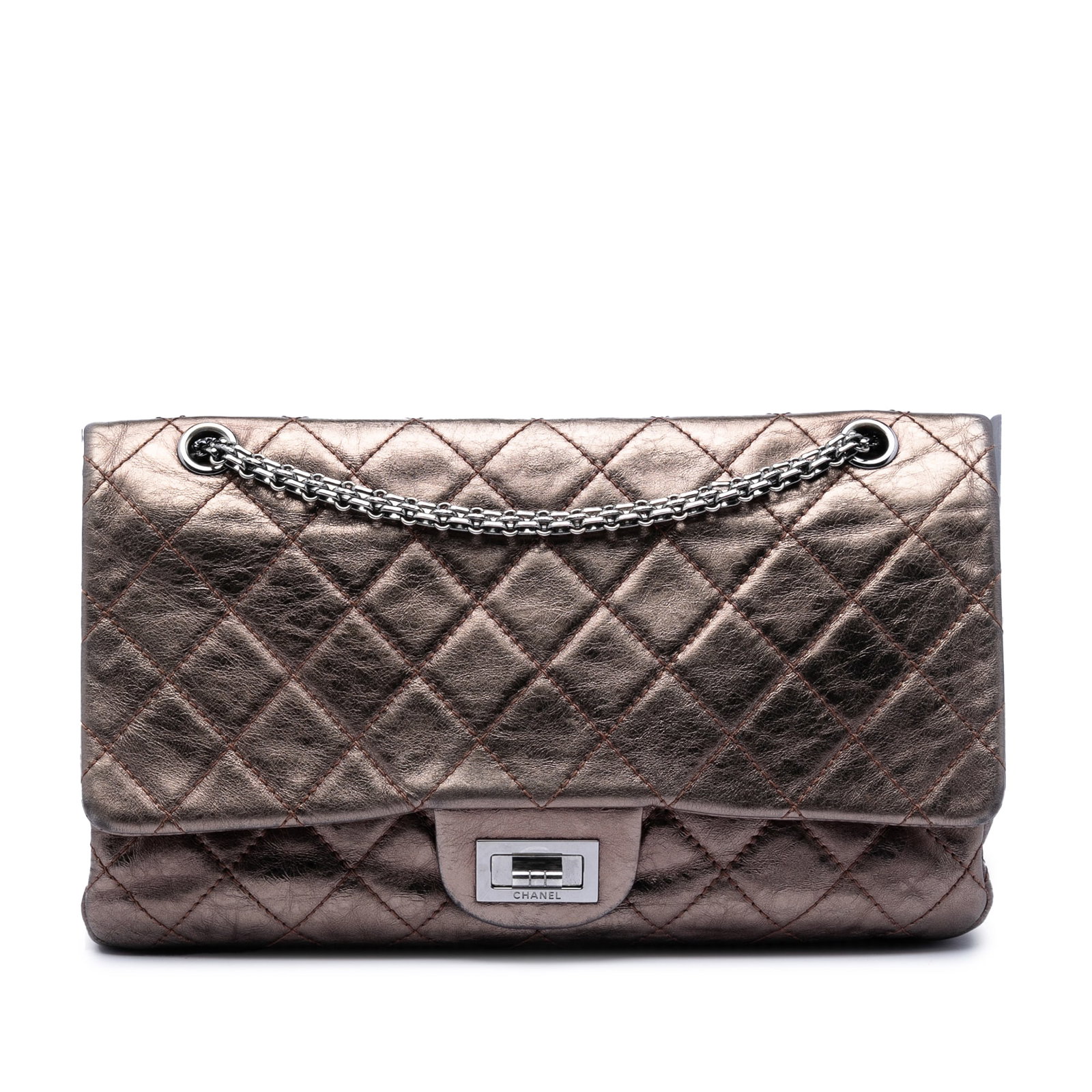 Chanel Reissue 2.55 227 Metallic Aged Calfskin Shoulder Bag: Chanel Reissue 2.55 227 Metallic Aged Calfskin Shoulder Bag Chanel Reissue 2.55 Double Flap 227 shoulder bag in metallic aged calfskin. This bag features chain link shoulder straps, double front flaps