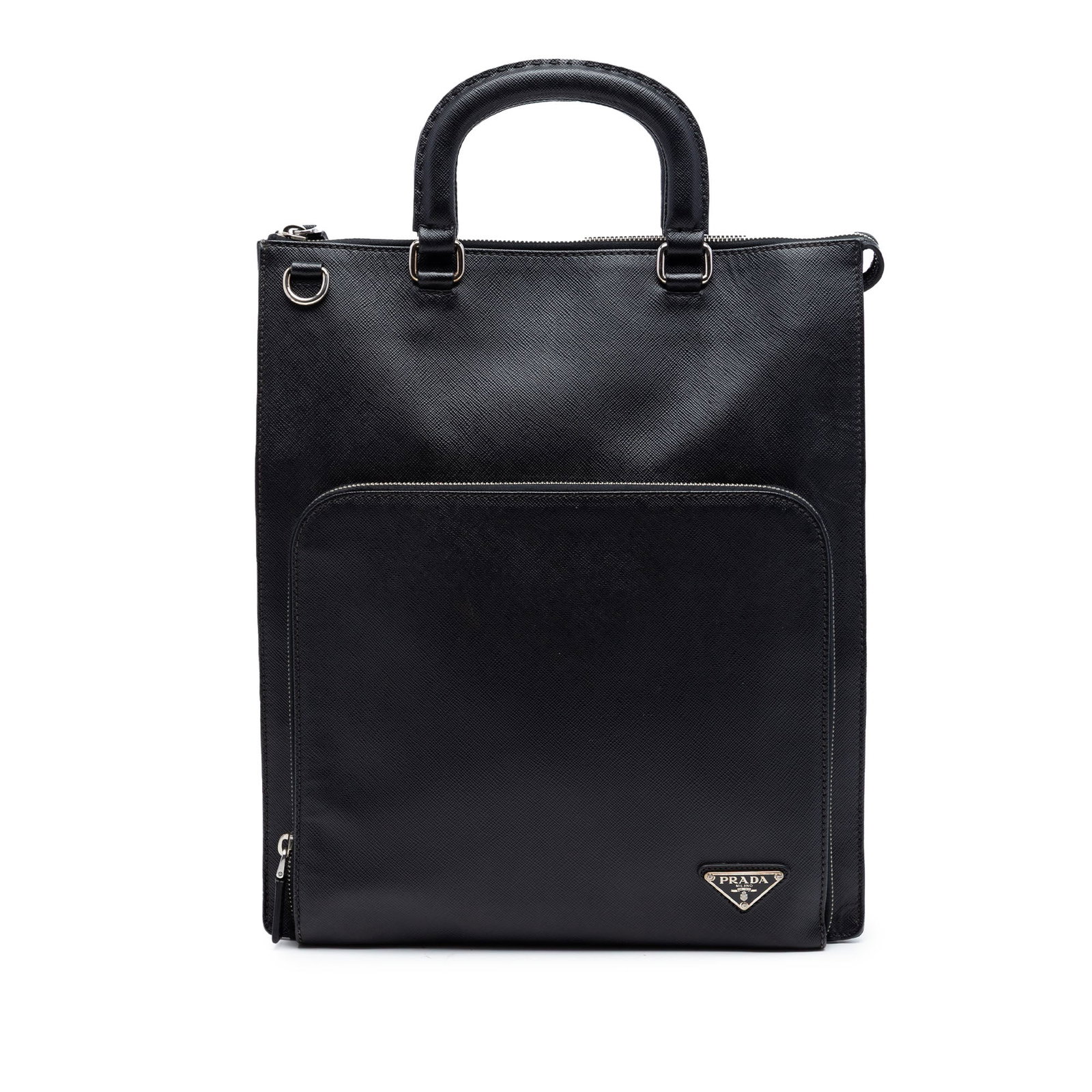 Prada Saffiano Lux leather satchel with front zip pocket: Prada Saffiano Lux leather satchel with front zip pocket Prada Saffiano Lux Front Pocket Convertible Tote crafted in saffiano leather with rolled leather handles, a top zip closure, an exterior front 