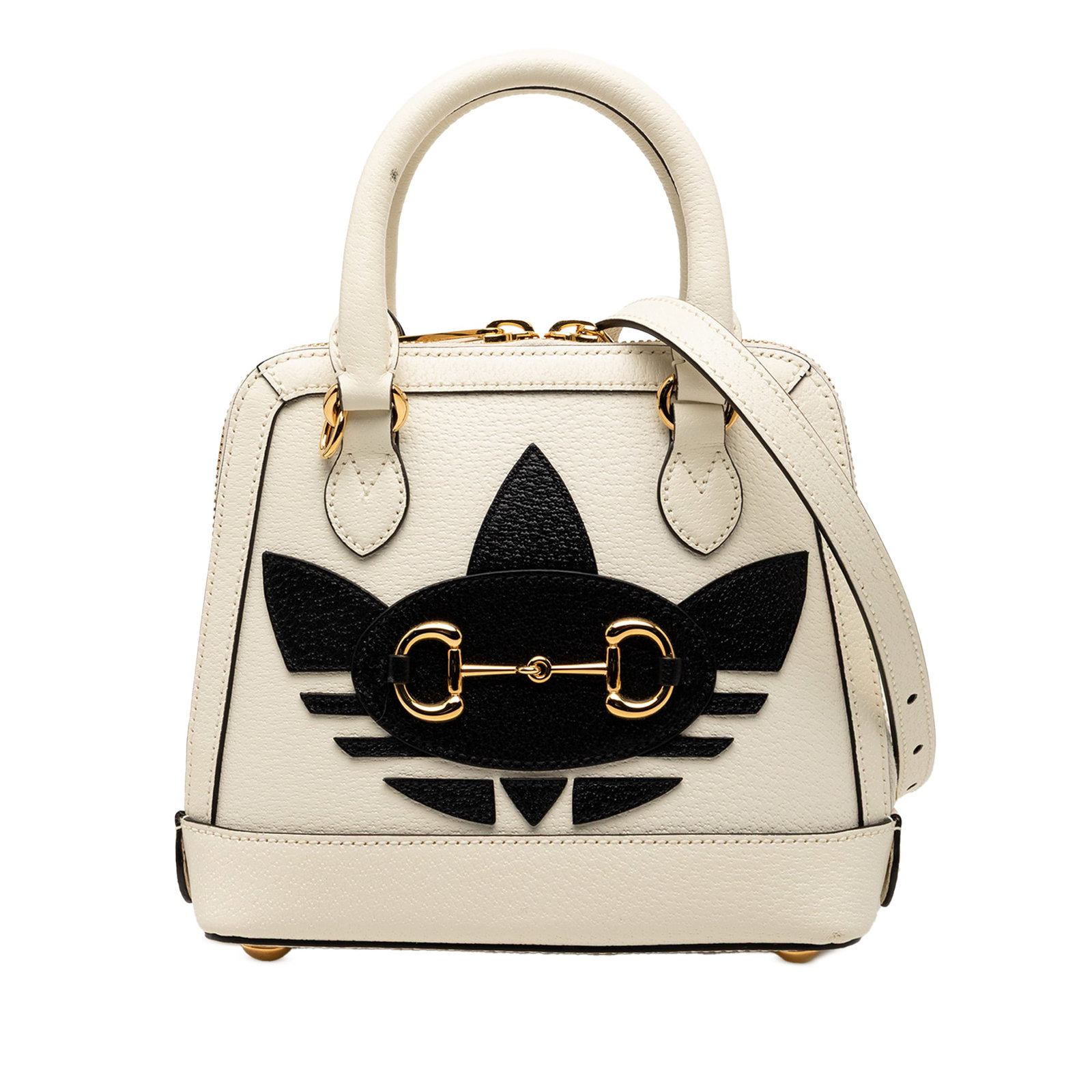 Adidas Mini Horsebit 1955 Satchel by Gucci White Leather Top Handle Bag: Adidas Mini Horsebit 1955 Satchel by Gucci White Leather Top Handle Bag This Gucci Adidas Mini Leather Horsebit 1955 Top Handle Bag features a printed leather body with rolled leather handles. It is e