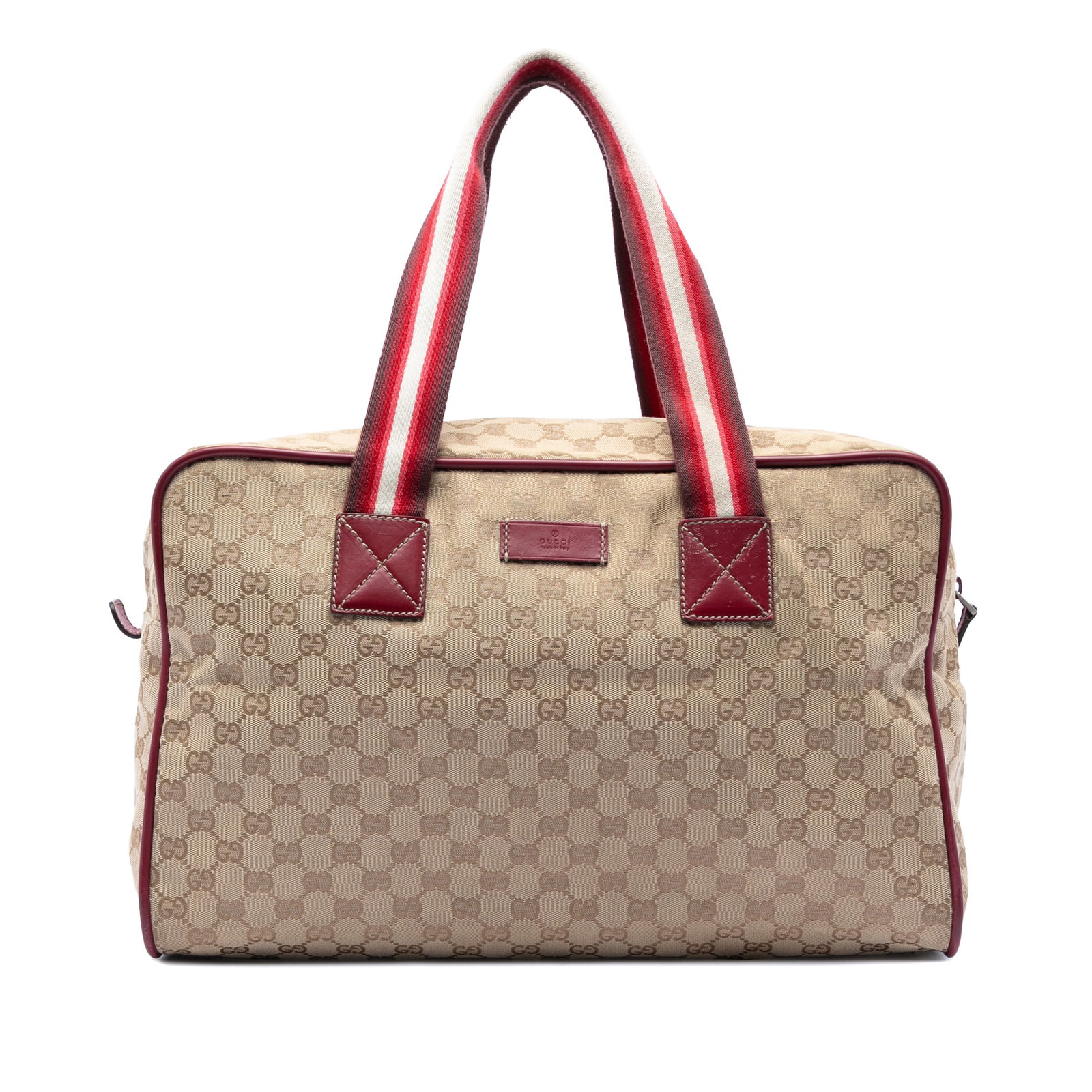 Gucci GG Canvas Beige Travel Tote with Leather Trim: Gucci GG Canvas Beige Travel Tote with Leather Trim This Gucci GG Canvas Web Travel Bag features a fabric body with leather trim, flat handles, a top zip closure, and an interior zip pocket. The bag i