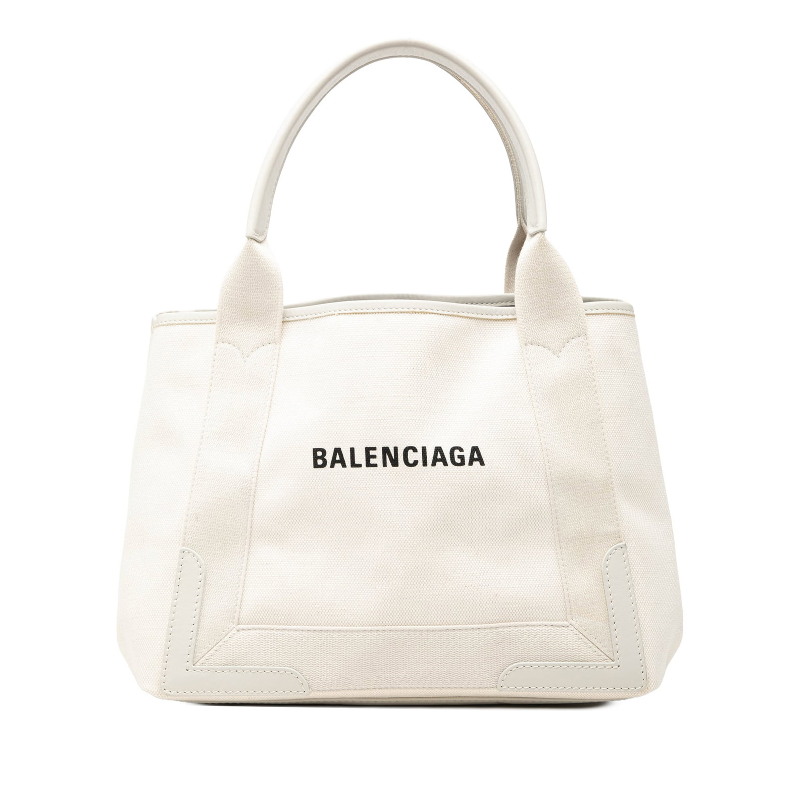 Balenciaga Navy Cabas S canvas tote with zip pouch: Balenciaga Navy Cabas S canvas tote with zip pouch Balenciaga Canvas Navy Cabas Tote S in white fabric with leather trim and flat leather handles. This open-top tote includes a zip pouch. Made in Ital