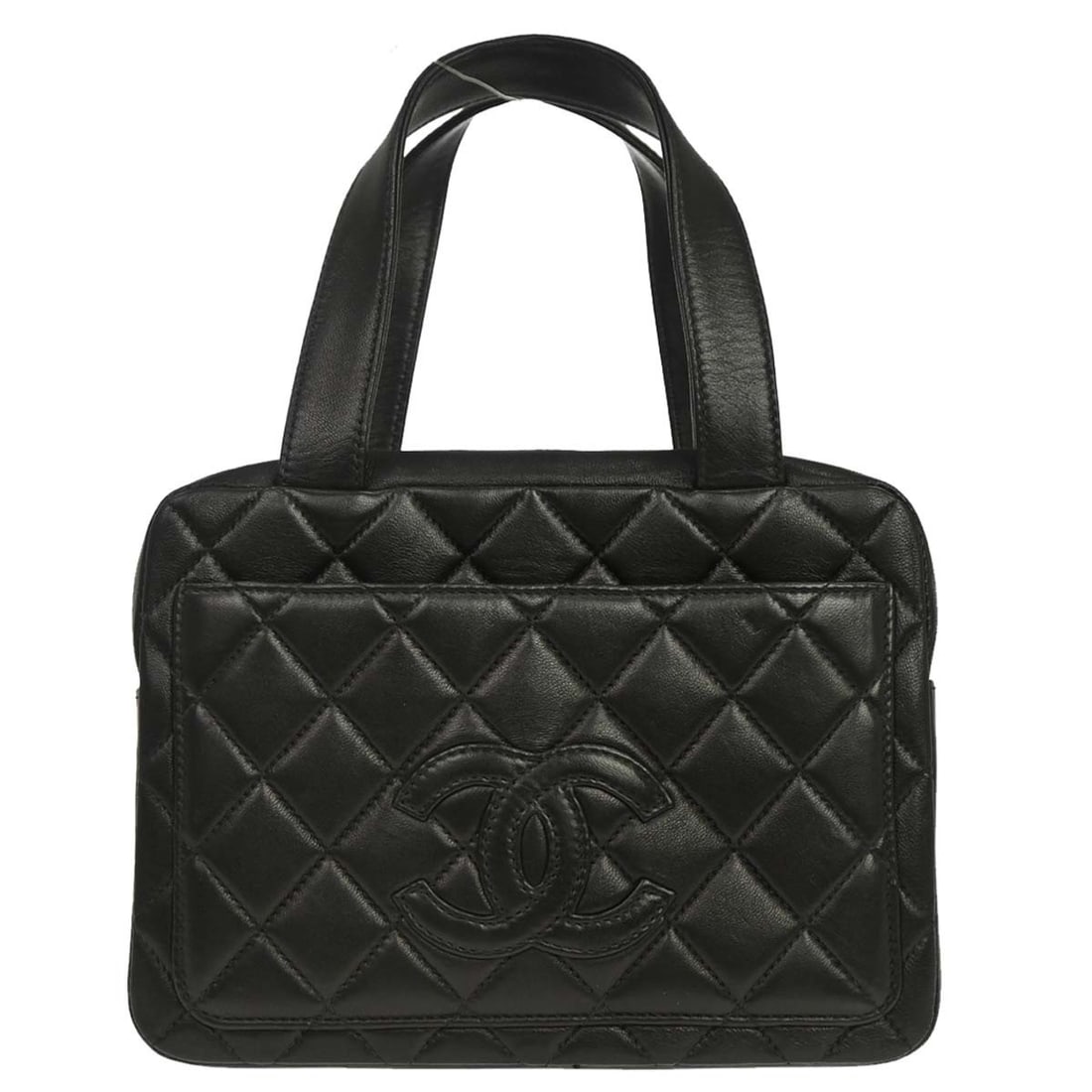 CHANEL Matelasse Small Top Handle Bag in Black Lambskin: CHANEL Matelasse Small Top Handle Bag in Black Lambskin Black Chanel top handle handbag in lambskin leather with a matelasse quilted exterior and zip closure. The bag is made in France and features a 