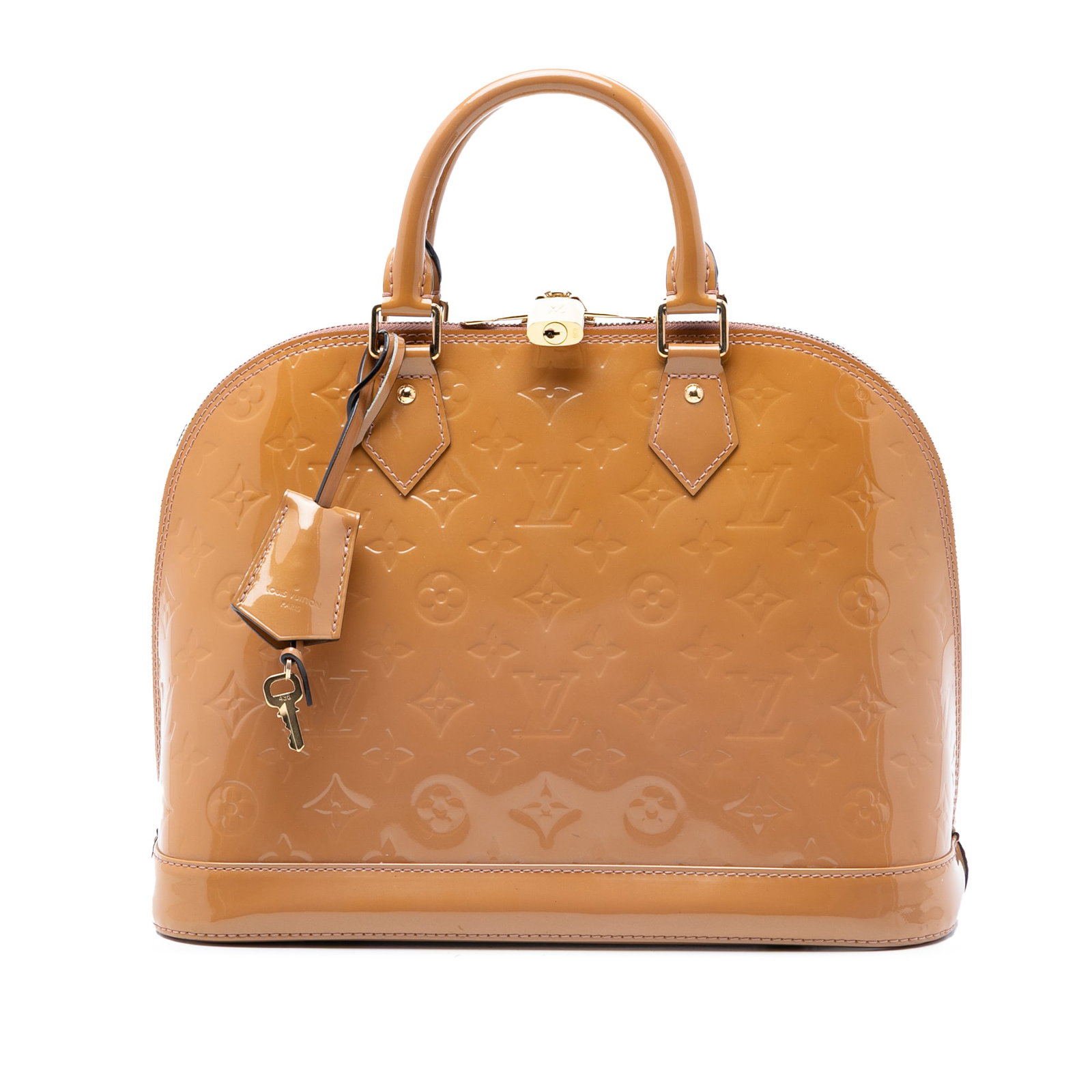 Louis Vuitton Alma PM Monogram Vernis Leather Handbag: Louis Vuitton Alma PM Monogram Vernis Leather Handbag Louis Vuitton Monogram Vernis Alma PM handbag crafted in vernis leather with rolled leather handles, a clochette, top zip closure, and interior sl
