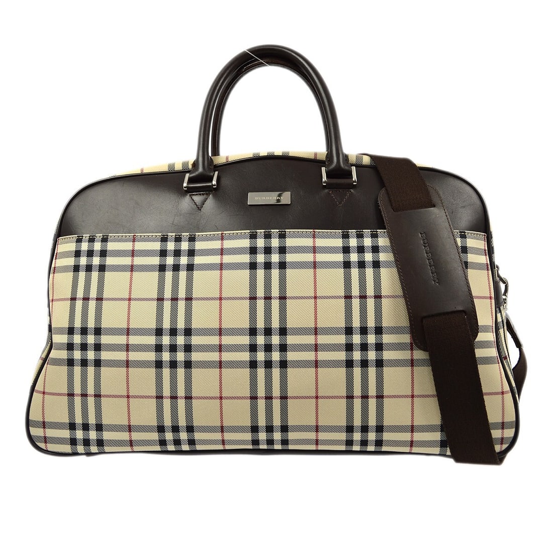 Burberry Check 2way duffle handbag beige canvas leather: Burberry Check 2way duffle handbag beige canvas leather Burberry Check 2-way duffle handbag in beige and brown with canvas and leather construction. This extra large women's bag features double handle