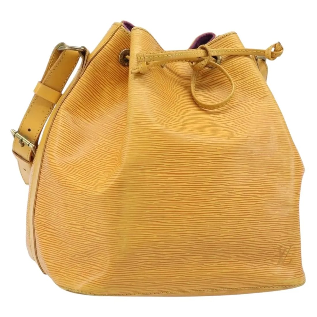 Louis Vuitton Petit Noe Yellow Leather Bucket Bag: Louis Vuitton Petit Noe Yellow Leather Bucket Bag This Louis Vuitton Petit Noe handbag is crafted from yellow Epi leather and designed for women. It features a classic bucket silhouette with a drawstr