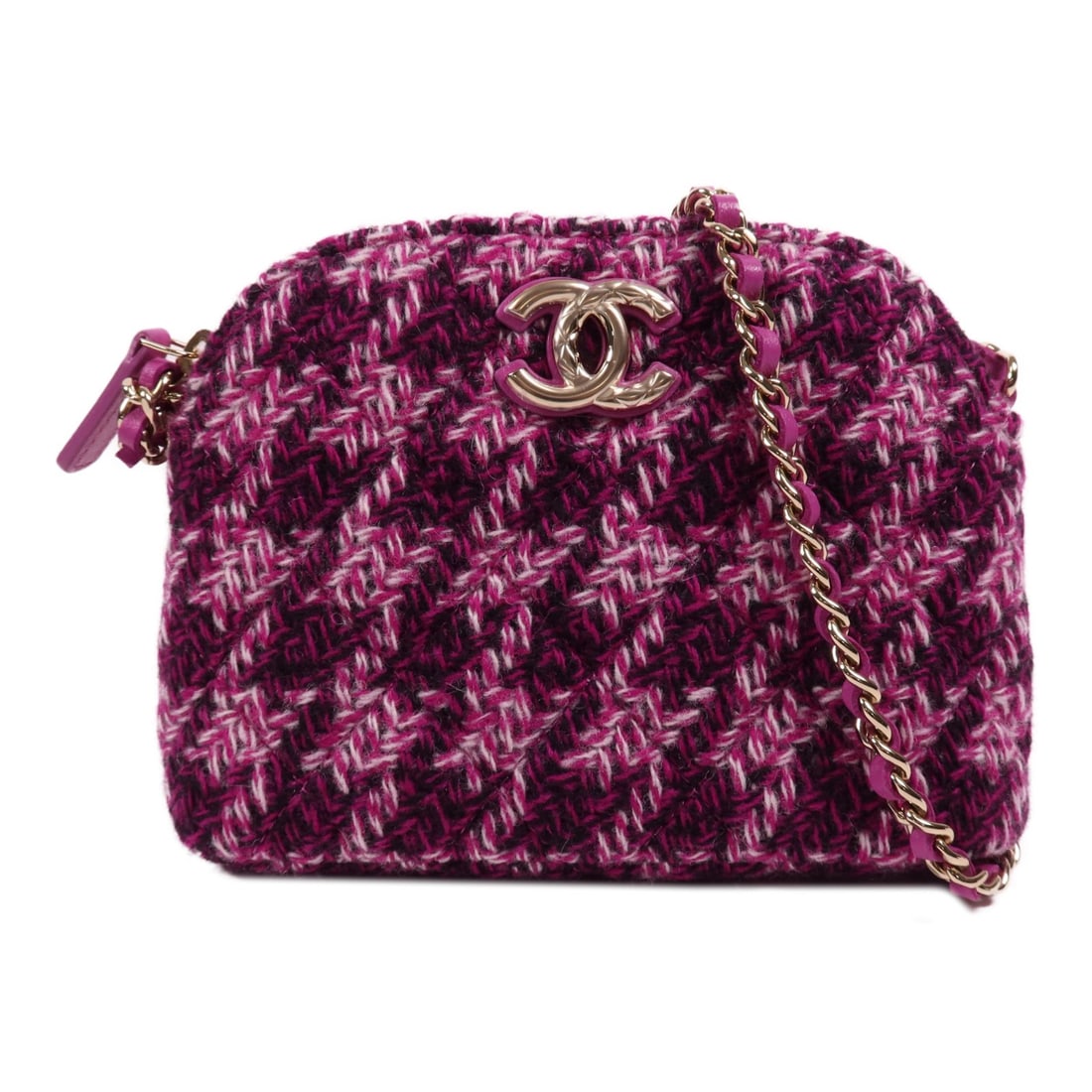 CHANEL Tweed Purple Pink Mini Chain Shoulder Bag GHW: CHANEL Tweed Purple Pink Mini Chain Shoulder Bag GHW This CHANEL mini chain shoulder bag features a classic CC design with gold-tone hardware. Crafted from tweed in a purple and pink colorway, this ba