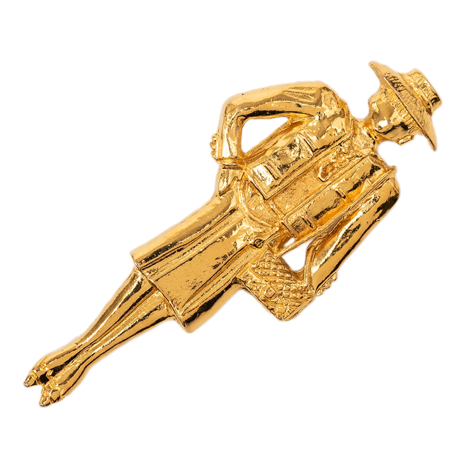 Chanel Coco Mademoiselle Gold Tone Metal Brooch Pin: Chanel Coco Mademoiselle Gold Tone Metal Brooch Pin Chanel Coco Mademoiselle pin brooch in gold-tone metal with a back pin closure. This costume jewelry piece is made in France. Condition is AB, with 