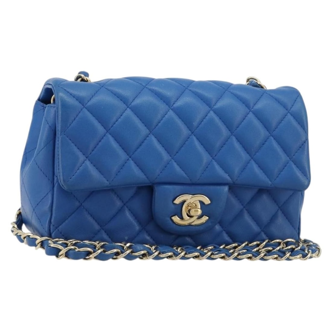 CHANEL Mini 19 Matelasse Lambskin Shoulder Bag Blue Gold Repainted: CHANEL Mini 19 Matelasse Lambskin Shoulder Bag Blue Gold Repainted CHANEL Mini Matelasse 19 chain shoulder bag in blue lamb skin with gold-tone CC detailing. This women's shoulder bag is customized an