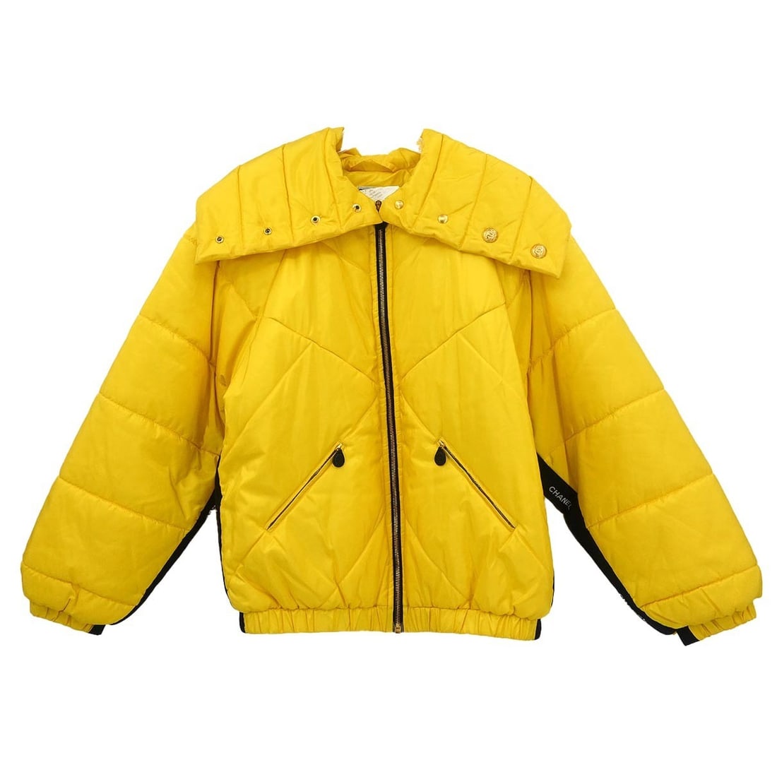 Vintage CHANEL Silk Zip Jacket Yellow Size 38 France: Vintage CHANEL Silk Zip Jacket Yellow Size 38 France Vintage Chanel zip-up jacket in yellow silk with black detailing and CC logo zipper accents. This women's mid-length jacket features a front zip cl