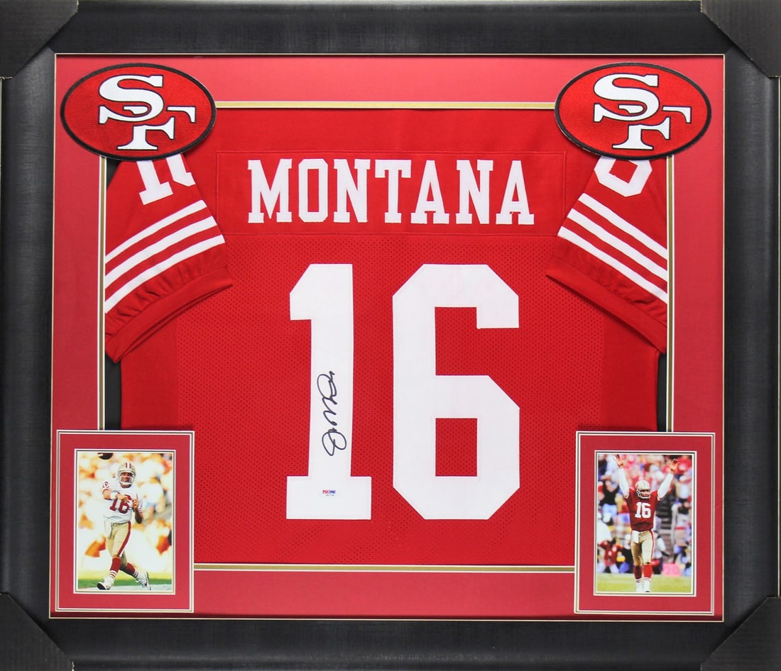 Framed Joe Montana Signed Red 49ers Jersey BAS or JSA Authentic: Framed Joe Montana Signed Red 49ers Jersey BAS or JSA Authentic Framed red pro style jersey personally signed and autographed by Joe Montana of the San Francisco 49ers. The item is original and comes 