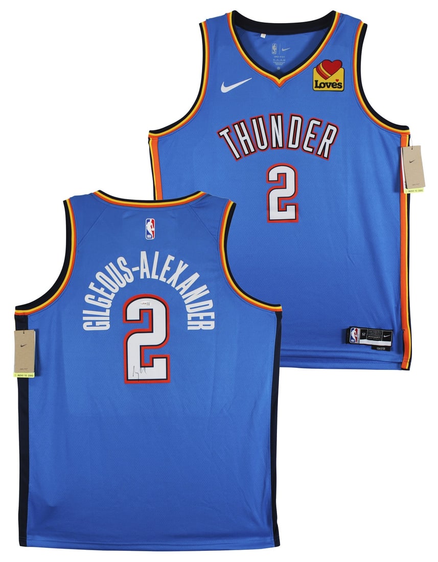 Shai Gilgeous-Alexander autographed Thunder Nike Icon Edition blue jersey JSA: Shai Gilgeous-Alexander autographed Thunder Nike Icon Edition blue jersey JSA Autographed blue Nike Icon Edition Swingman jersey personally signed by Shai Gilgeous-Alexander of the Oklahoma City Thund