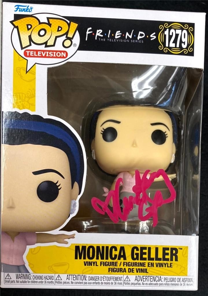 Friends Monica Geller Funko Pop signed by Courteney Cox Beckett BAS authenticated: Friends Monica Geller Funko Pop signed by Courteney Cox Beckett BAS authenticated This original Funko Pop! collectible features the character Monica Geller from the television show Friends. It is hand