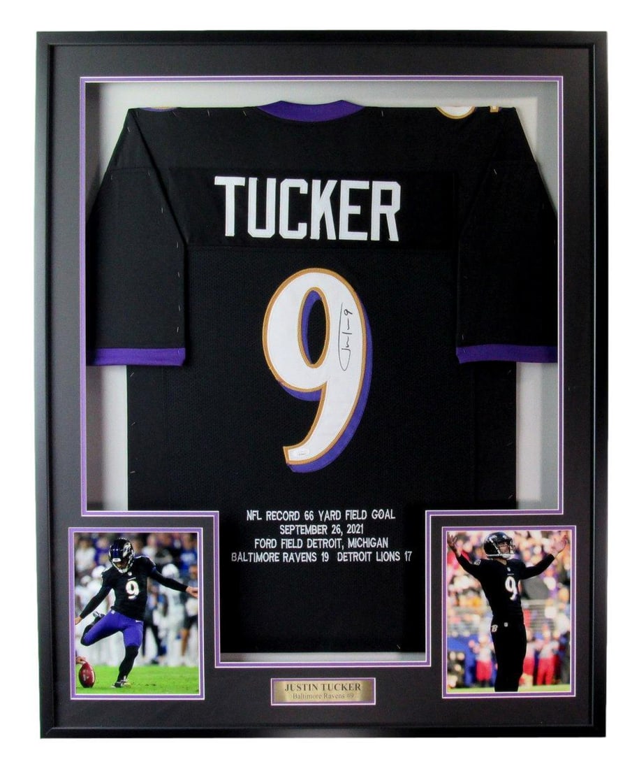 Justin Tucker signed Ravens jersey framed with stats JSA 41 x 33 x 2 (1 of 4)