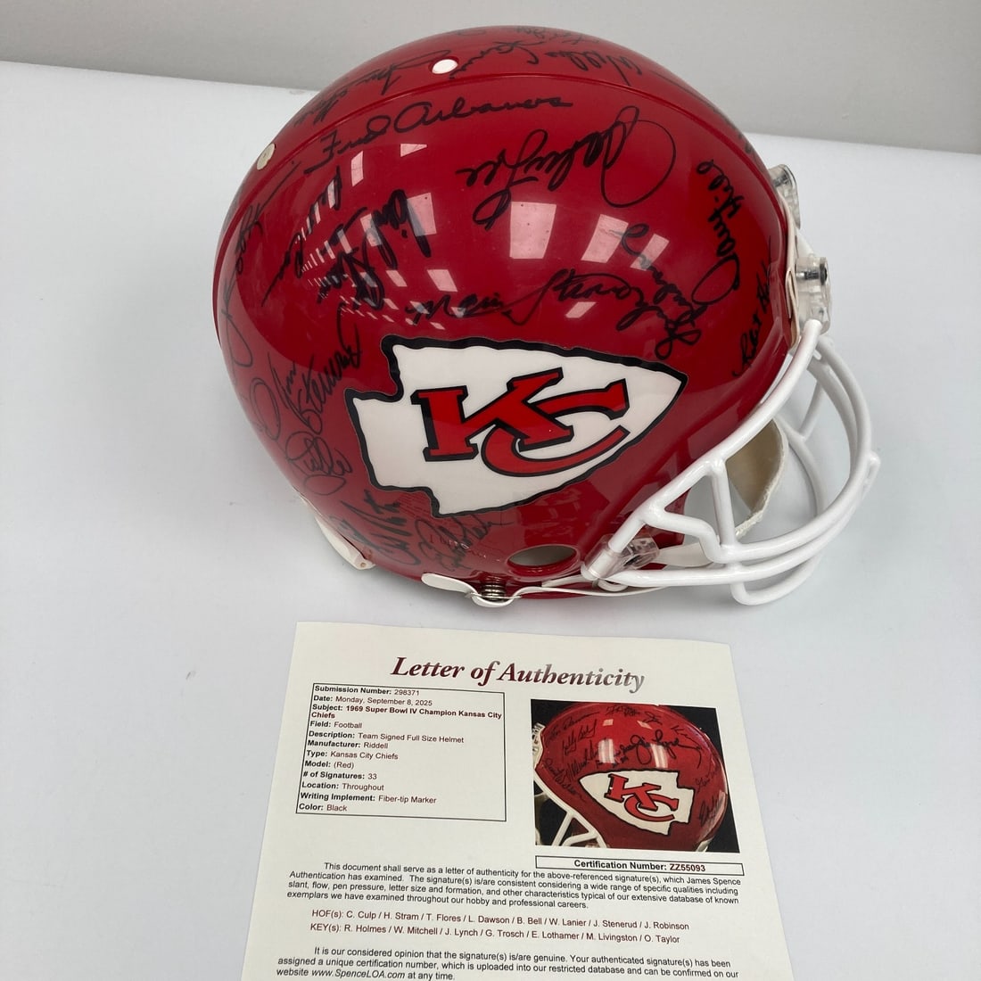 1969 Kansas City Chiefs Super Bowl IV Signed Helmet with JSA COA: 1969 Kansas City Chiefs Super Bowl IV Signed Helmet with JSA COA Celebrate the legacy of the 1969 Kansas City Chiefs with this Super Bowl IV Champions team signed helmet. This full-size authentic game