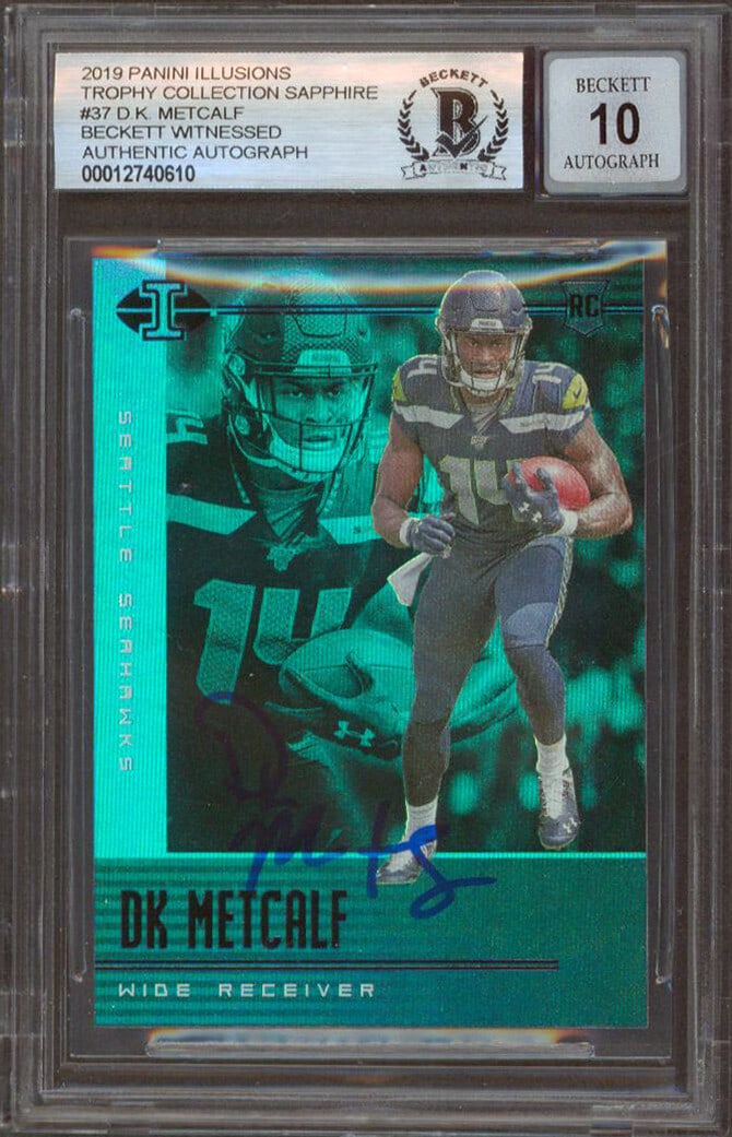 2019 Panini Illusions Sapphire #37 D.K. Metcalf Rookie Auto BAS 10 Slab: 2019 Panini Illusions Sapphire #37 D.K. Metcalf Rookie Auto BAS 10 Slab Autographed 2019 Panini Illusions Trophy Collection Sapphire #37 rookie card personally signed by D.K. Metcalf of the Seattle Se