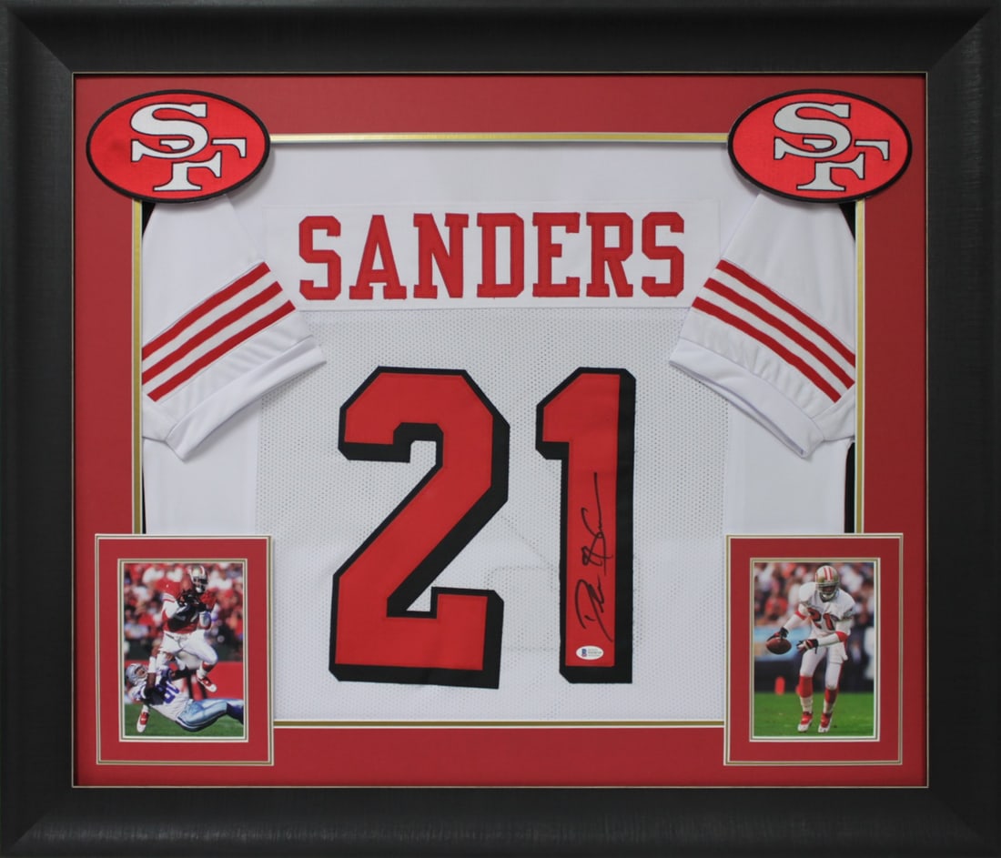 Framed Autographed White Jersey Deion Sanders Beckett Witnessed 49ers BAS COA: Framed Autographed White Jersey Deion Sanders Beckett Witnessed 49ers BAS COA This framed white Pro Style jersey features an authentic hand-signed autograph from Deion Sanders of the San Francisco 49e