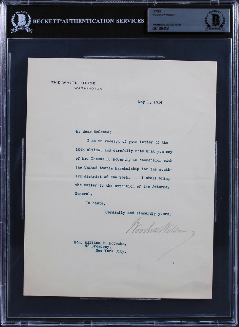 1914 Woodrow Wilson Autographed White House Letter With Beckett Authentication (1 of 5)